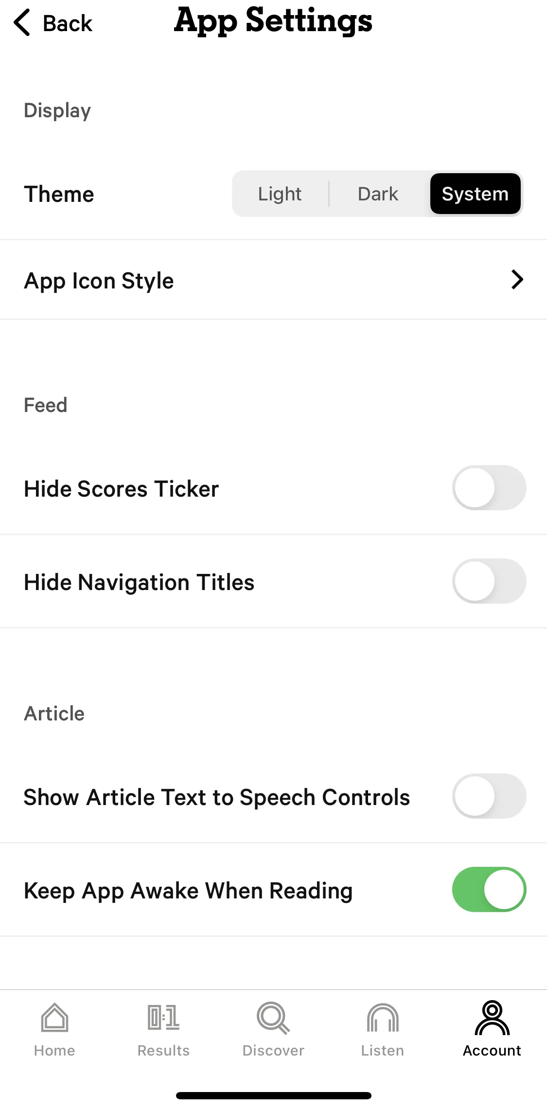 The Athletic Screen screen in the Switching to dark mode flow