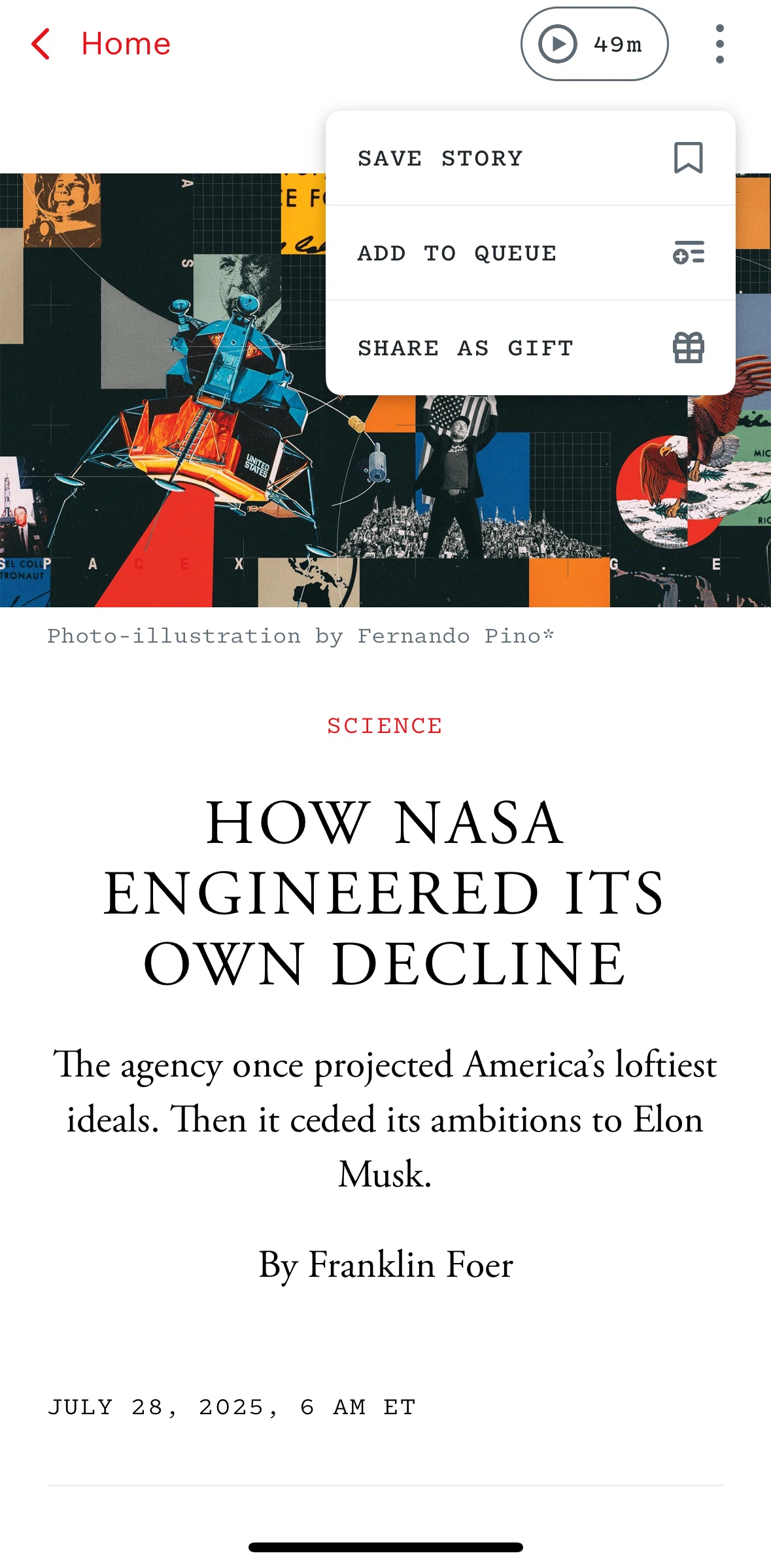 The Atlantic Magazine Screen screen in the Adding to queue flow
