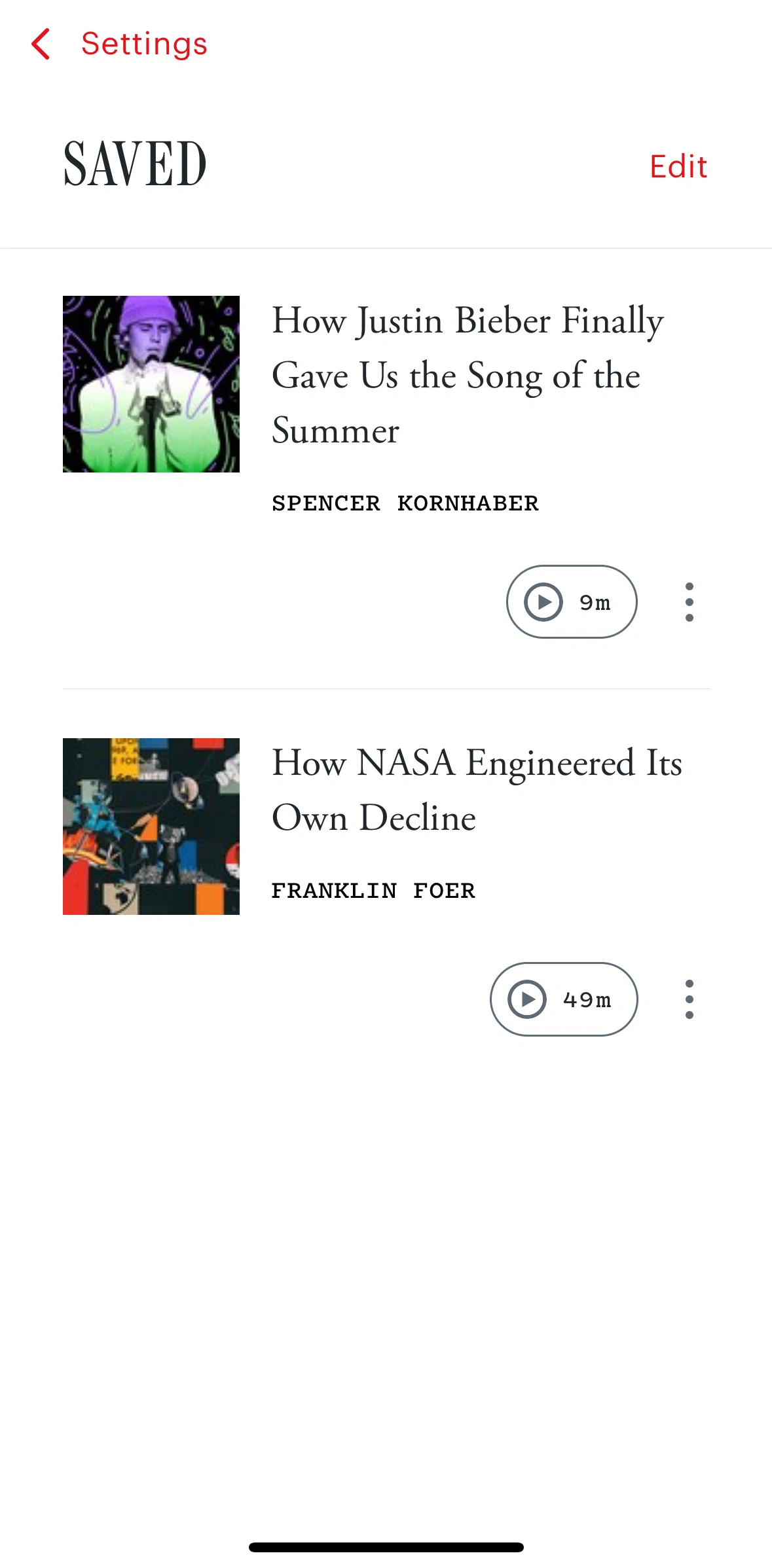 The Atlantic Magazine Screen screen in the Deleting an article (swipe) flow