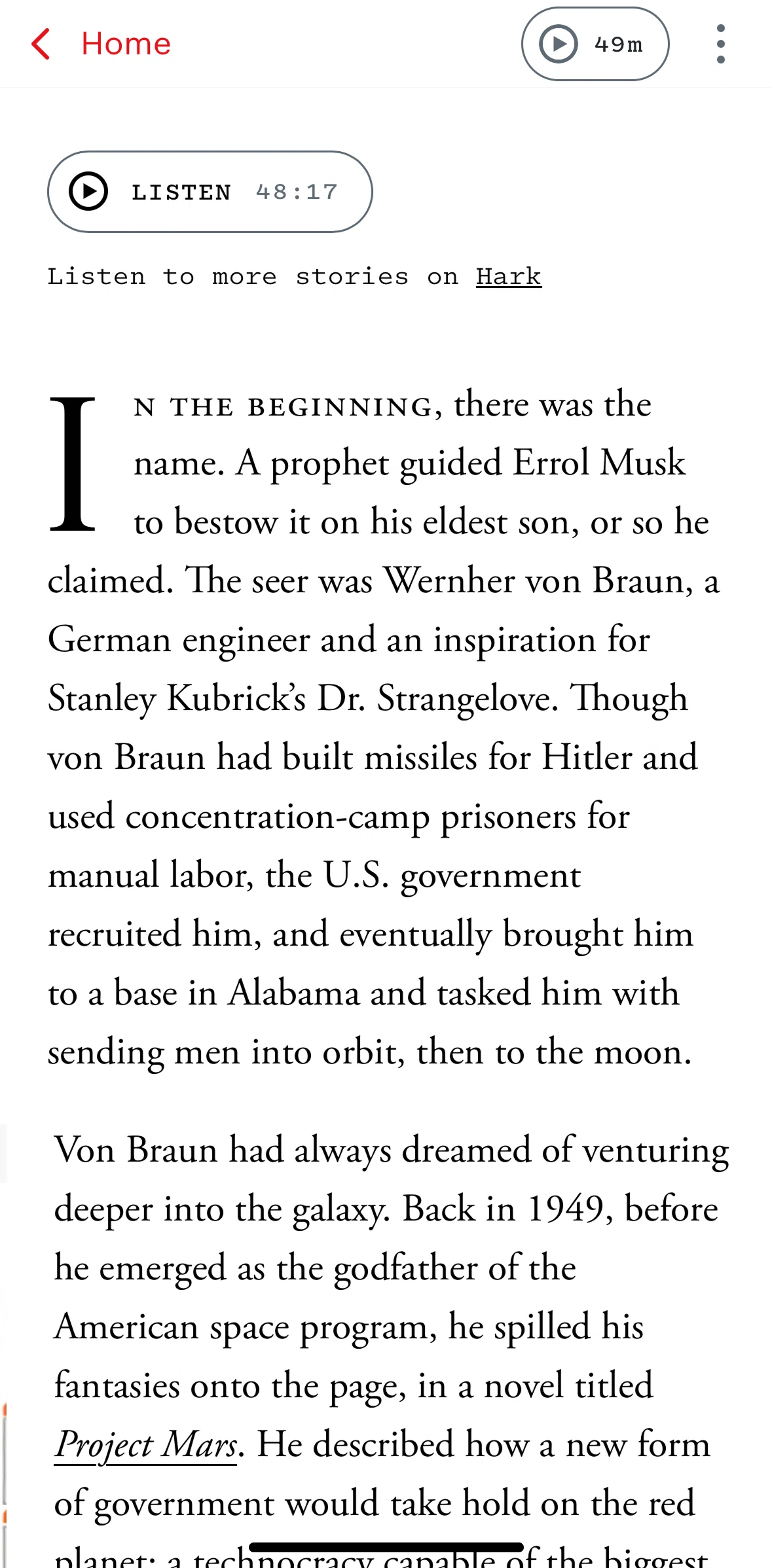 The Atlantic Magazine Screen screen in the Listening to audio flow