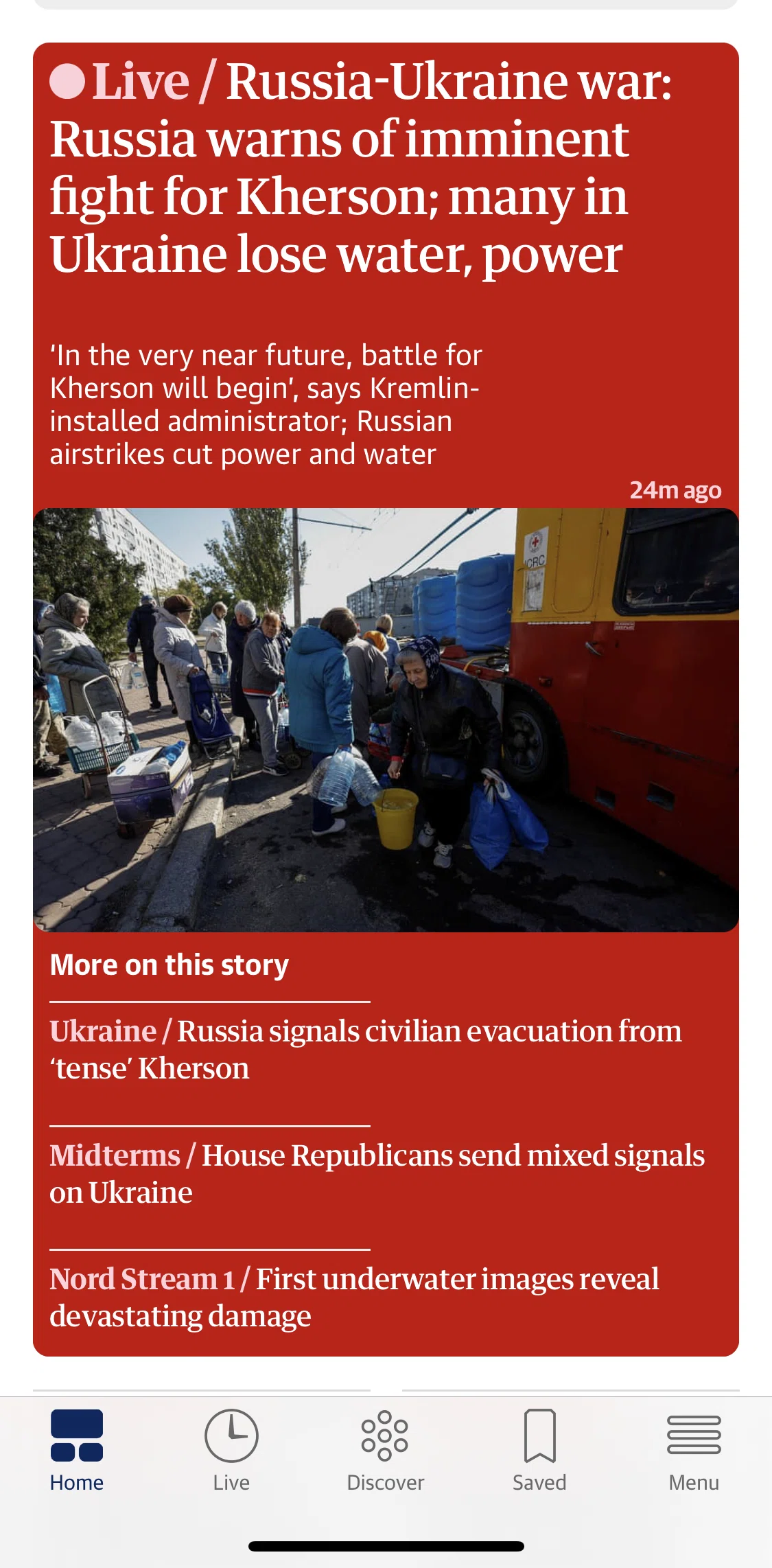 The Guardian Screen screen in the Live news article detail flow