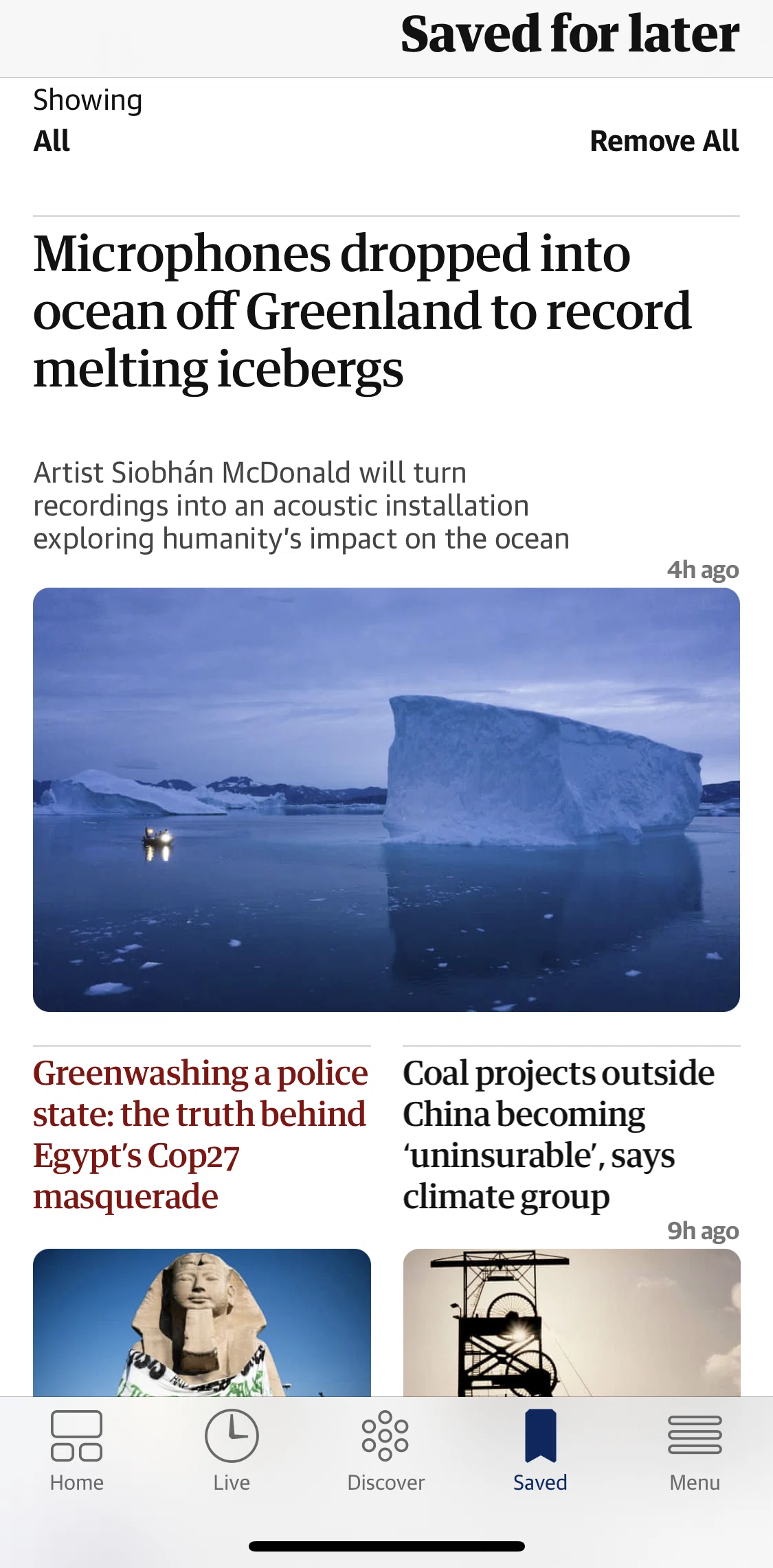The Guardian Screen screen in the Removing all saved articles flow
