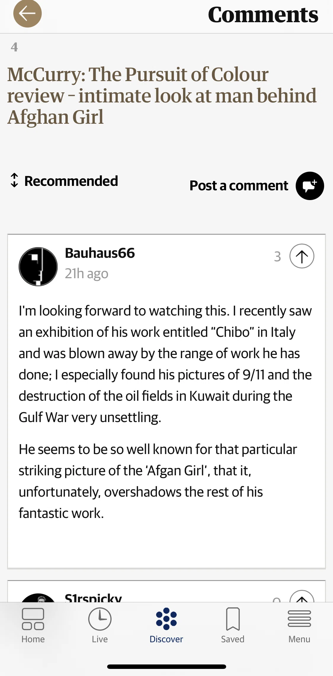 The Guardian Screen screen in the Sorting comments flow