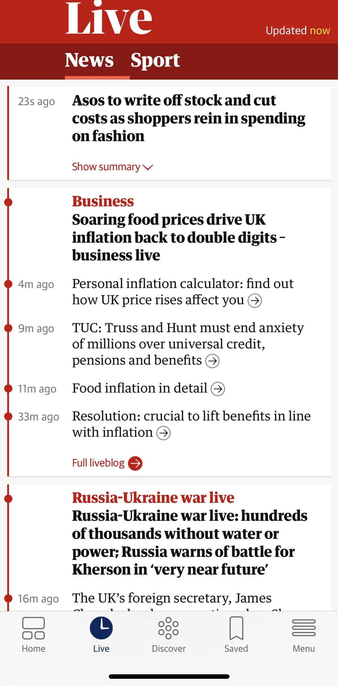 The Guardian Screen screen in the View a full liveblog flow