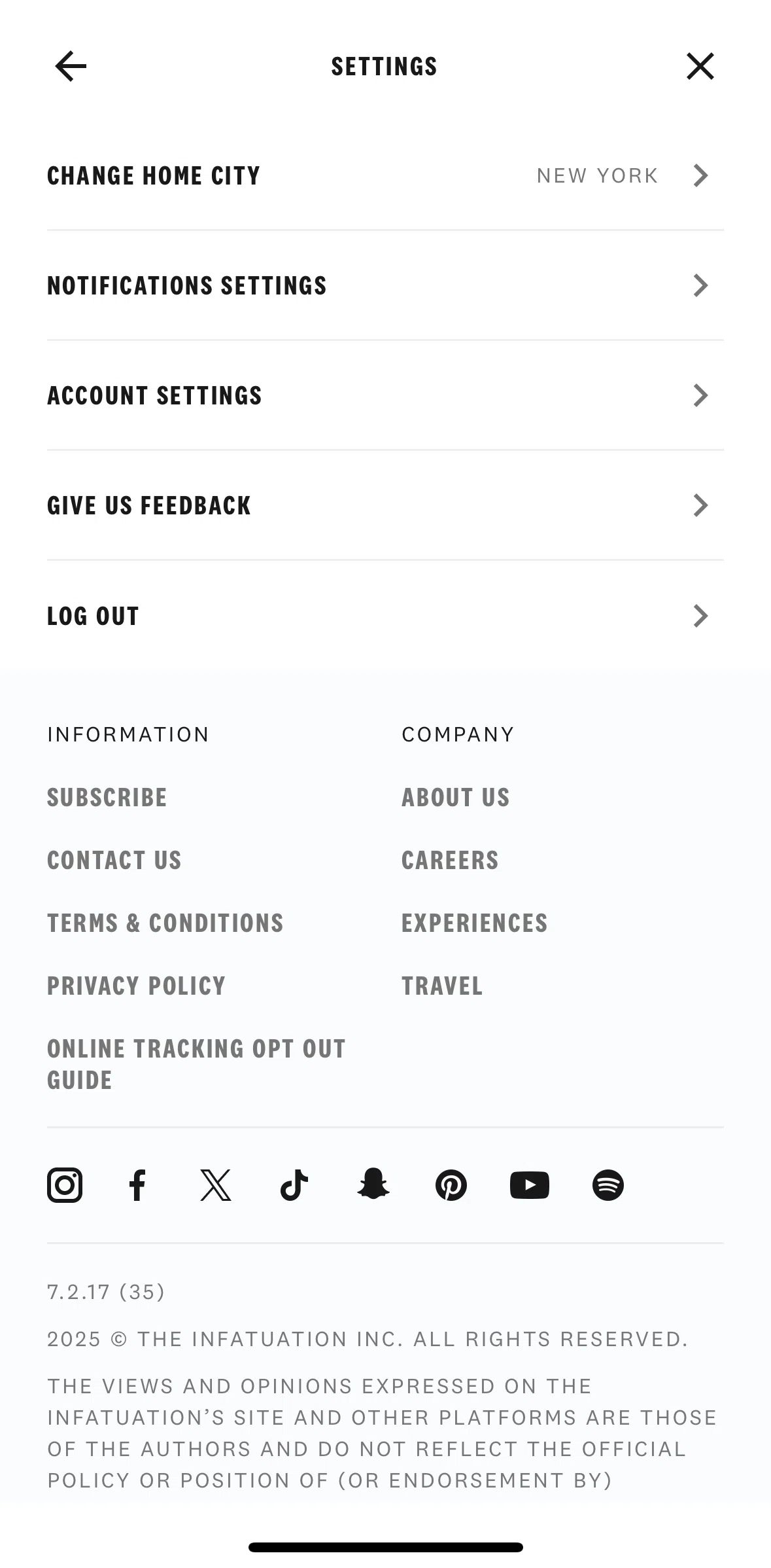 The Infatuation Screen screen in the Account settings flow