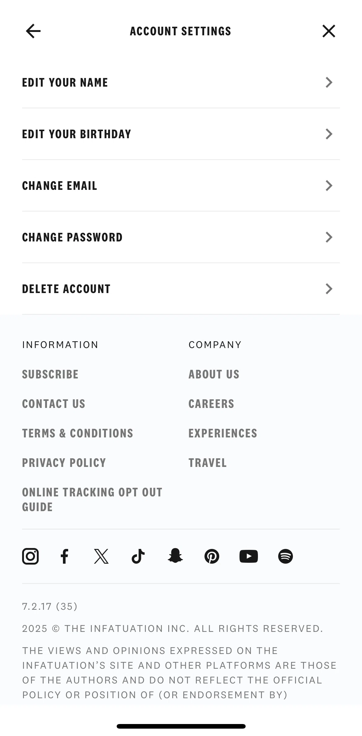 The Infatuation Screen screen in the Deleting an account flow