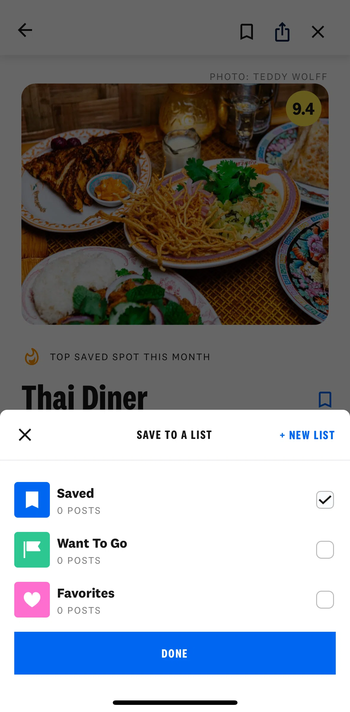 The Infatuation Screen screen in the Saving to favorites flow