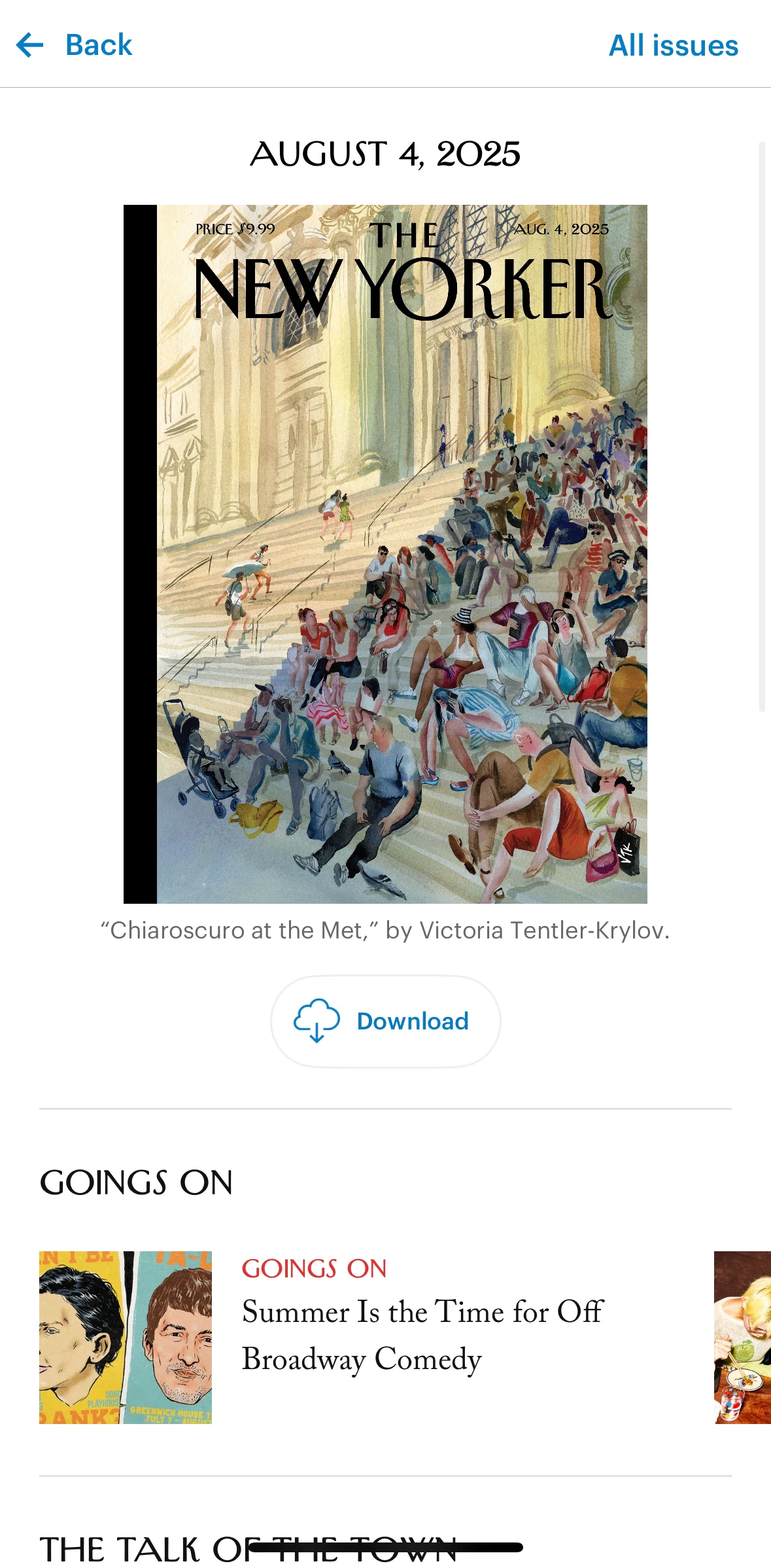 The New Yorker Screen screen in the Downloading a magazine flow