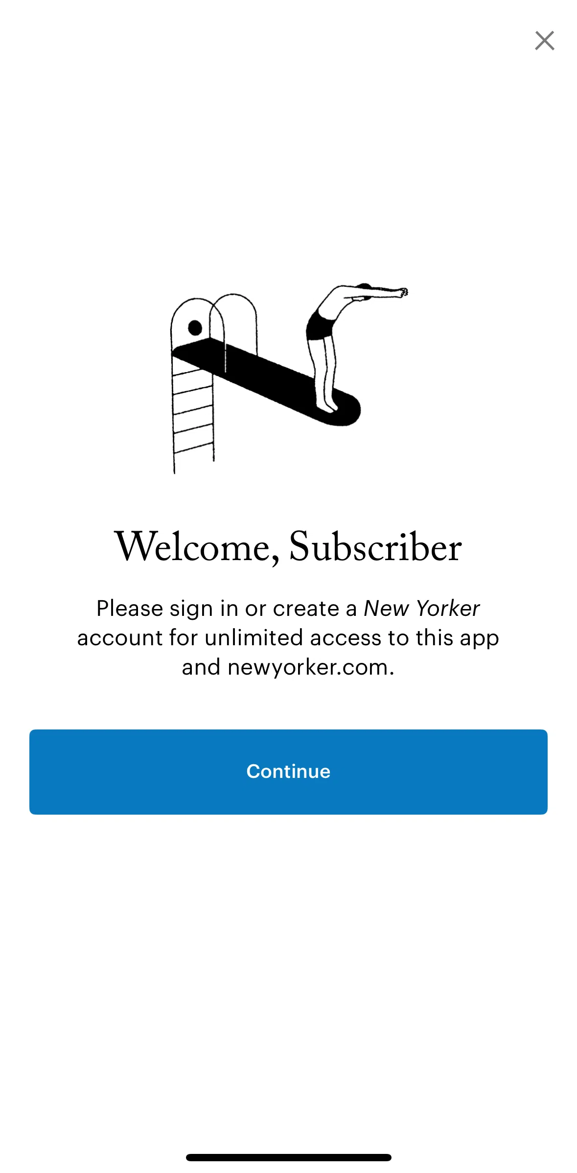 The New Yorker Screen screen in the Logging in flow