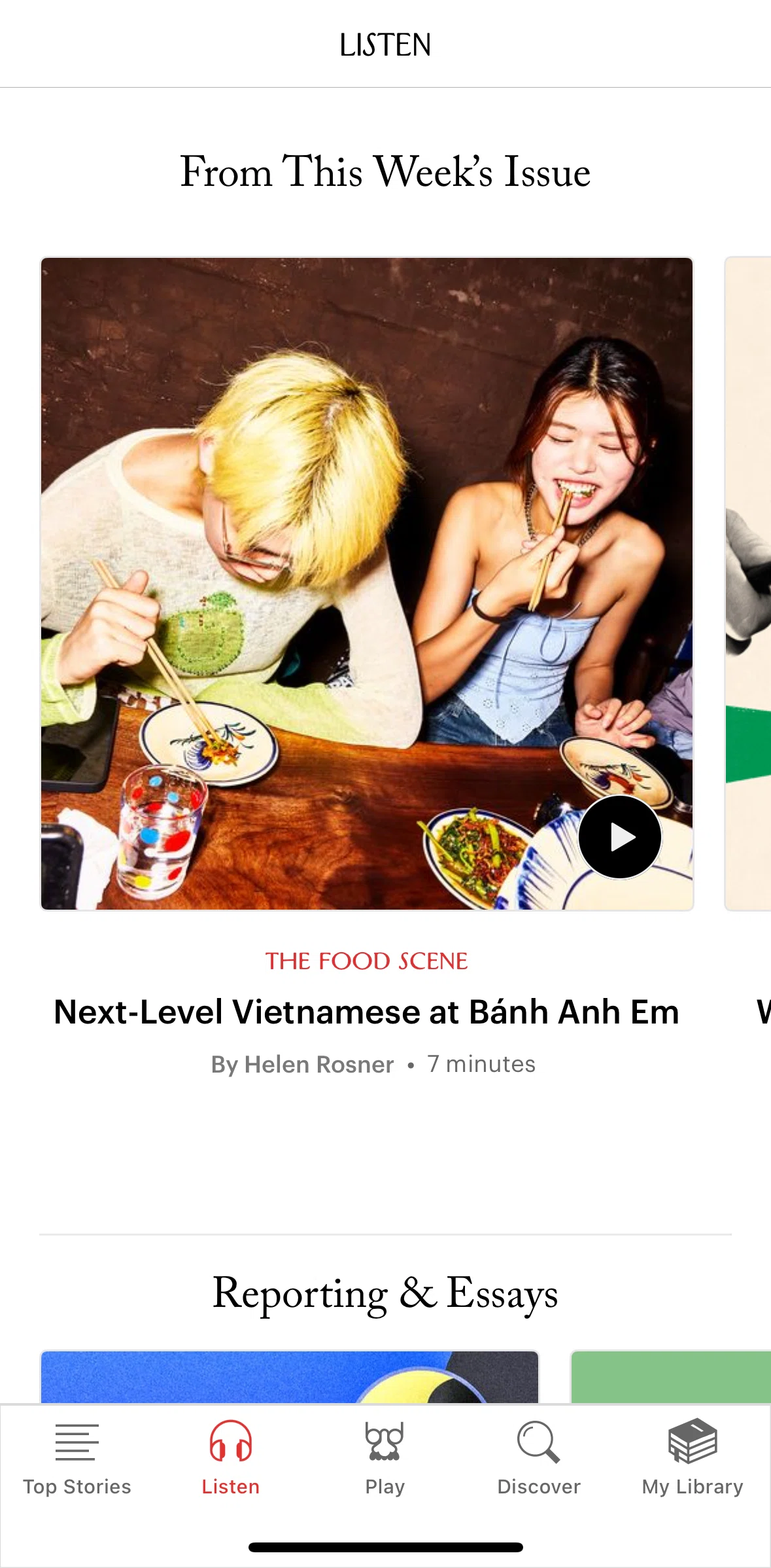 The New Yorker Screen screen in the Playing an article flow