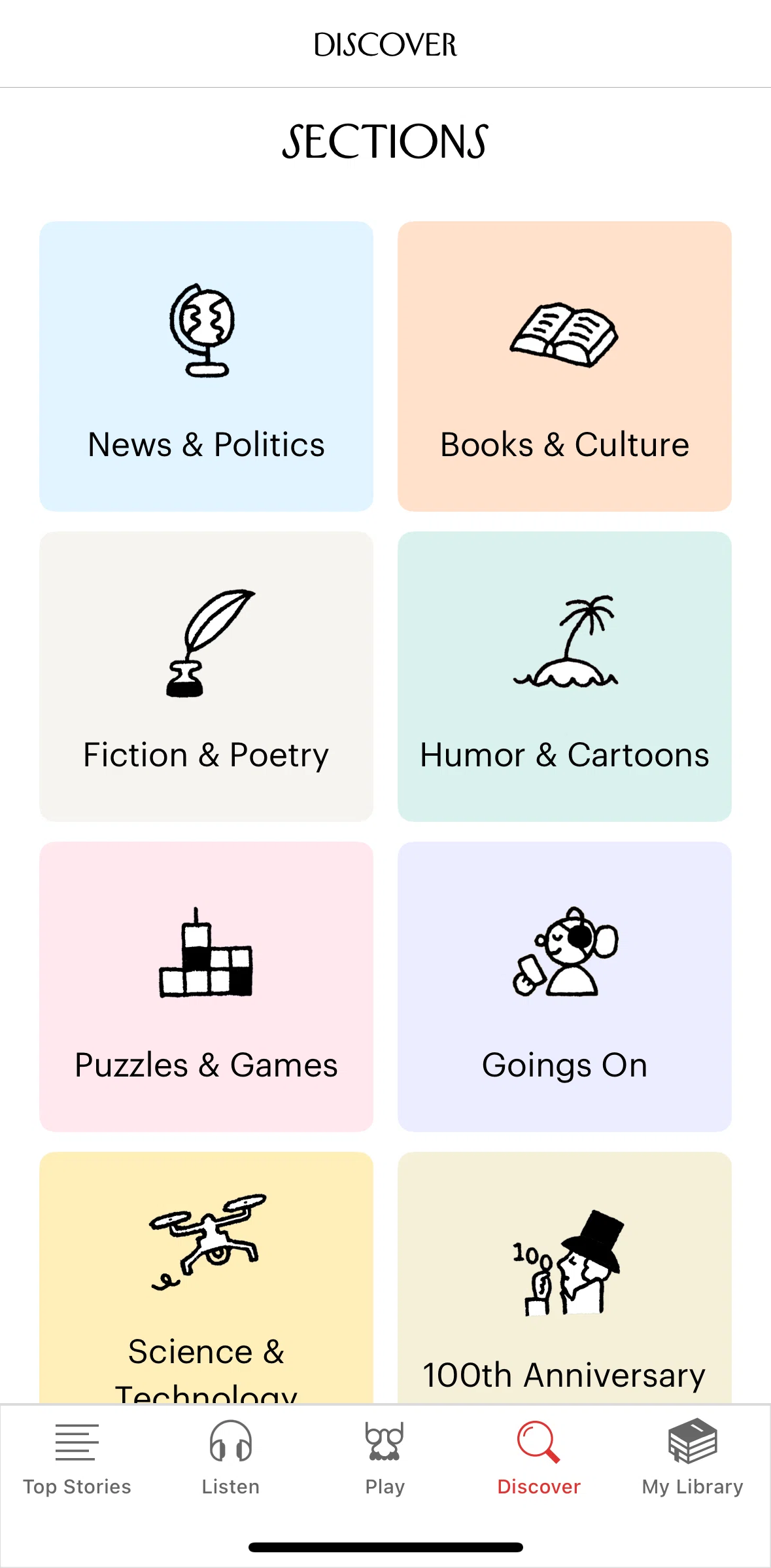 The New Yorker Screen screen in the Sections detail flow