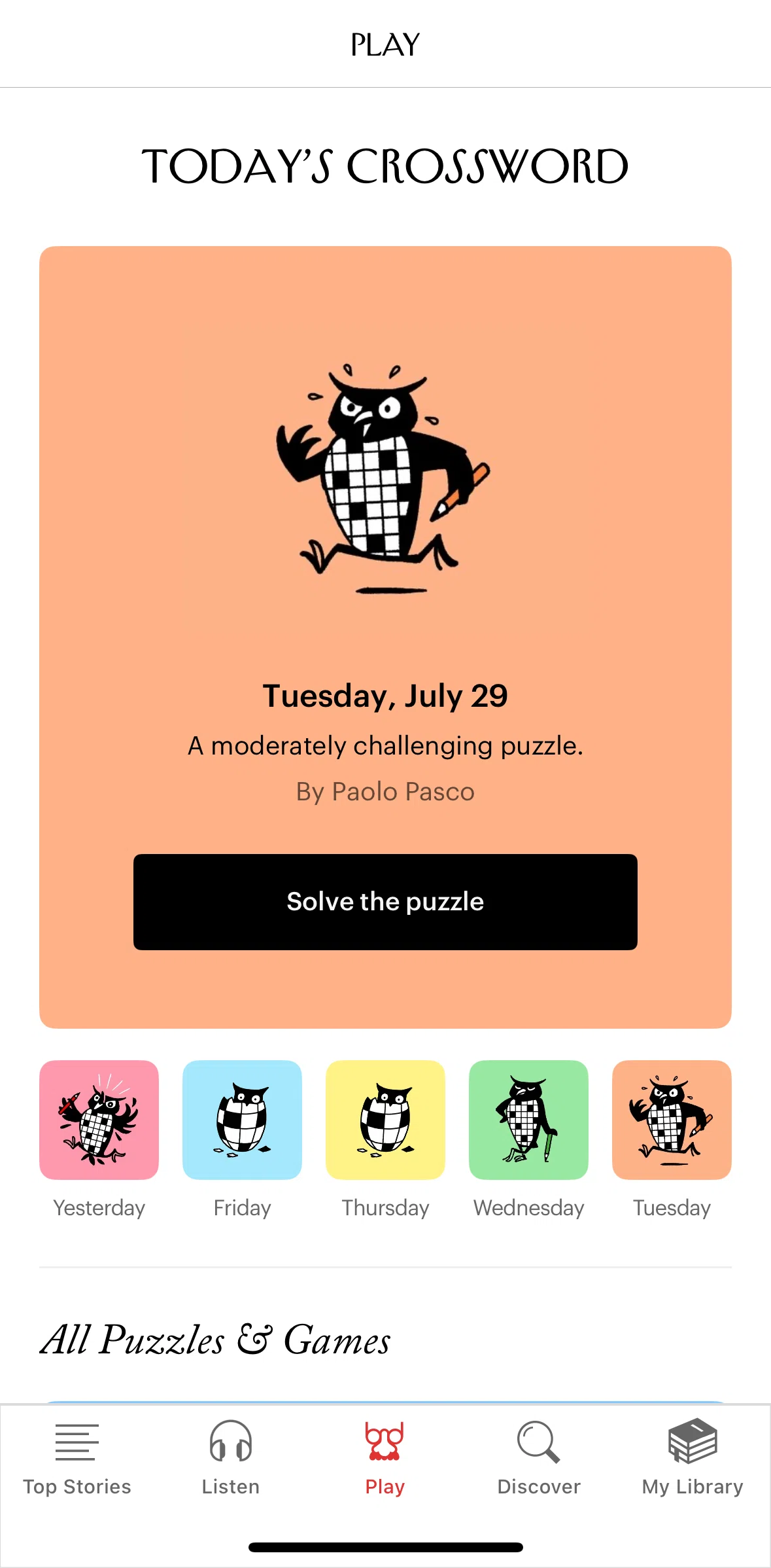 The New Yorker Screen screen in the Solve a puzzle flow