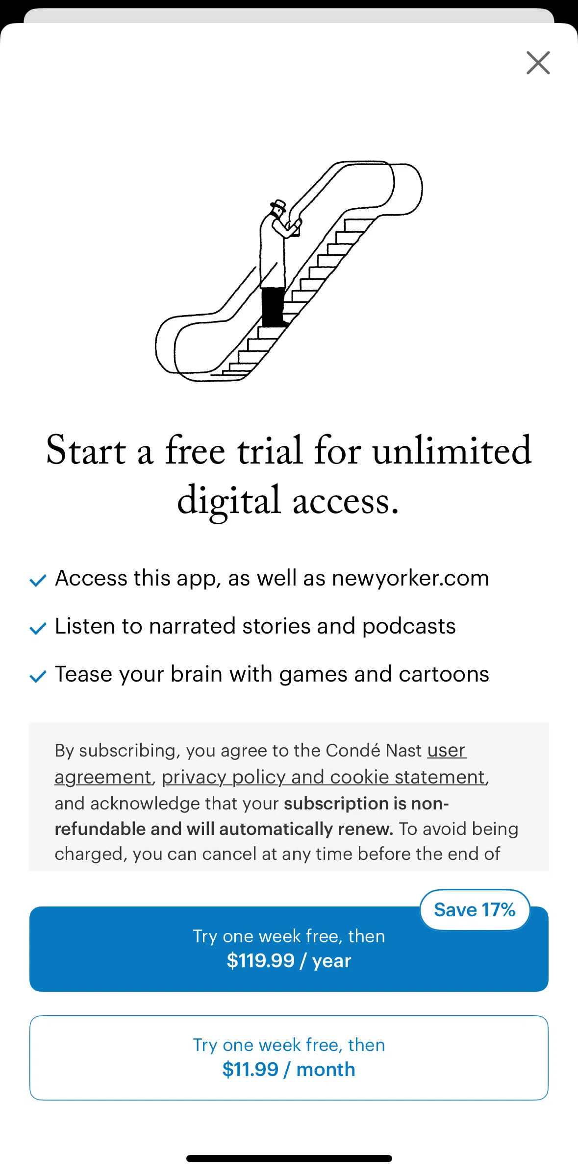 The New Yorker Screen screen in the Subscribing to The New Yorker flow