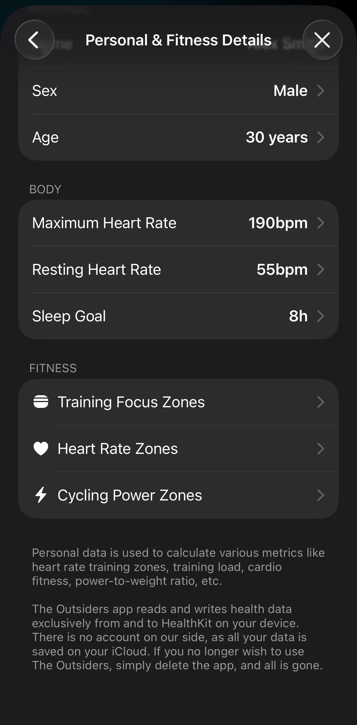 The Outsiders Screen screen in the Updating heart rate zones flow