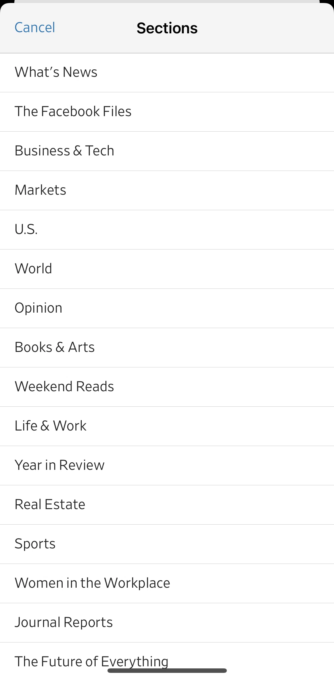 The Wall Street Journal Screen screen in the Browsing by sections flow