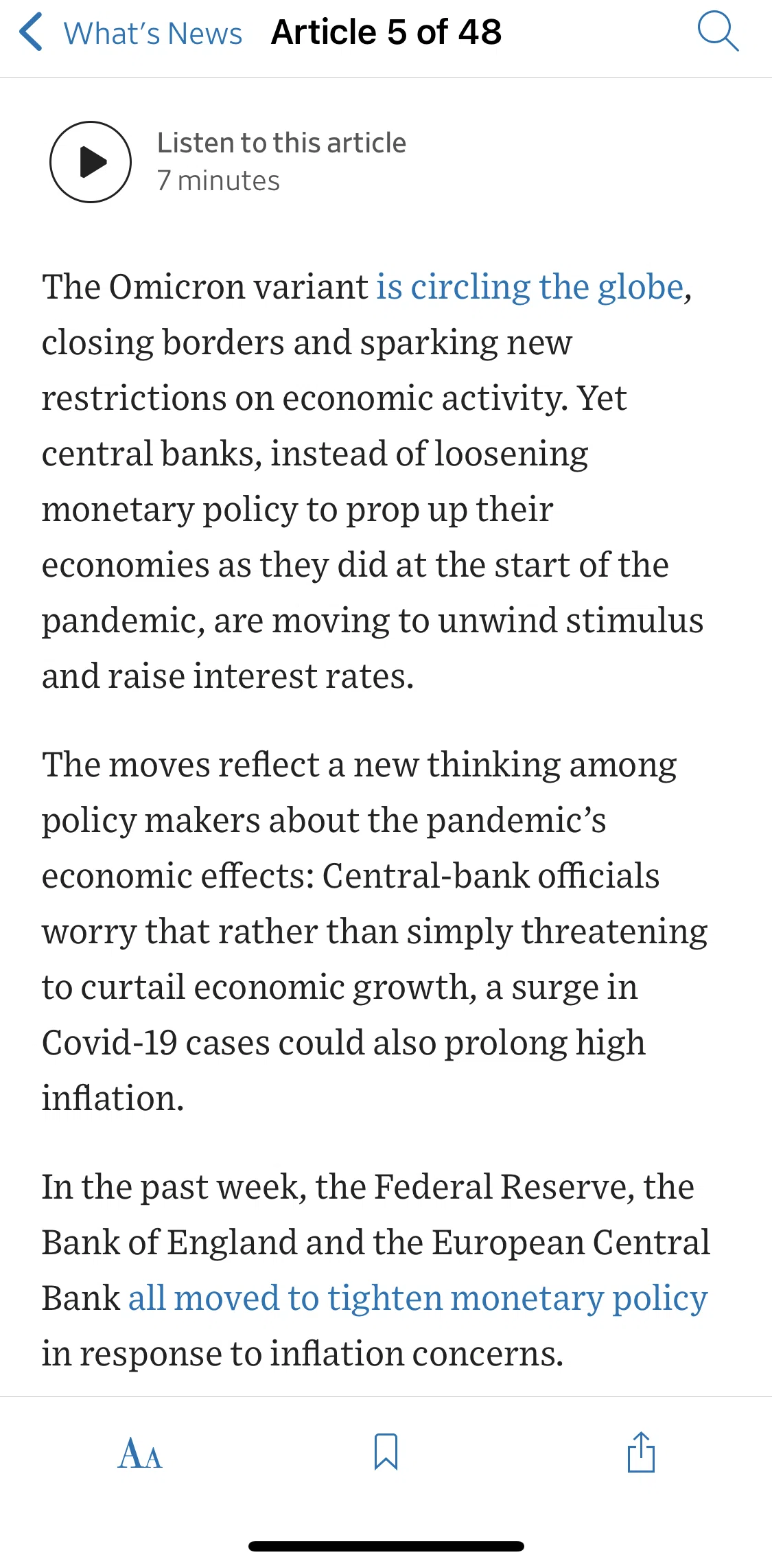 The Wall Street Journal Screen screen in the Editing text size flow