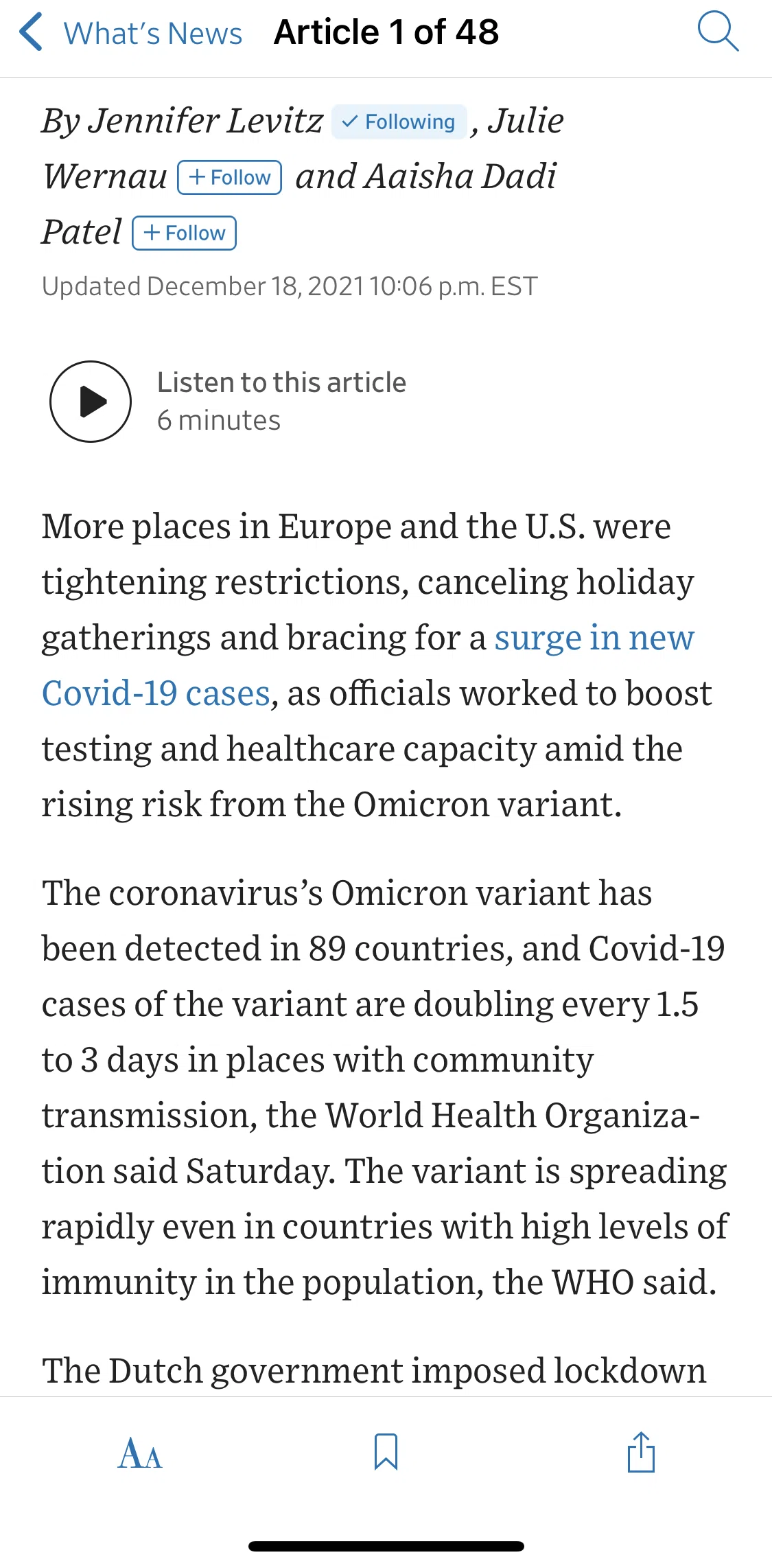The Wall Street Journal Screen screen in the Listening to an article flow