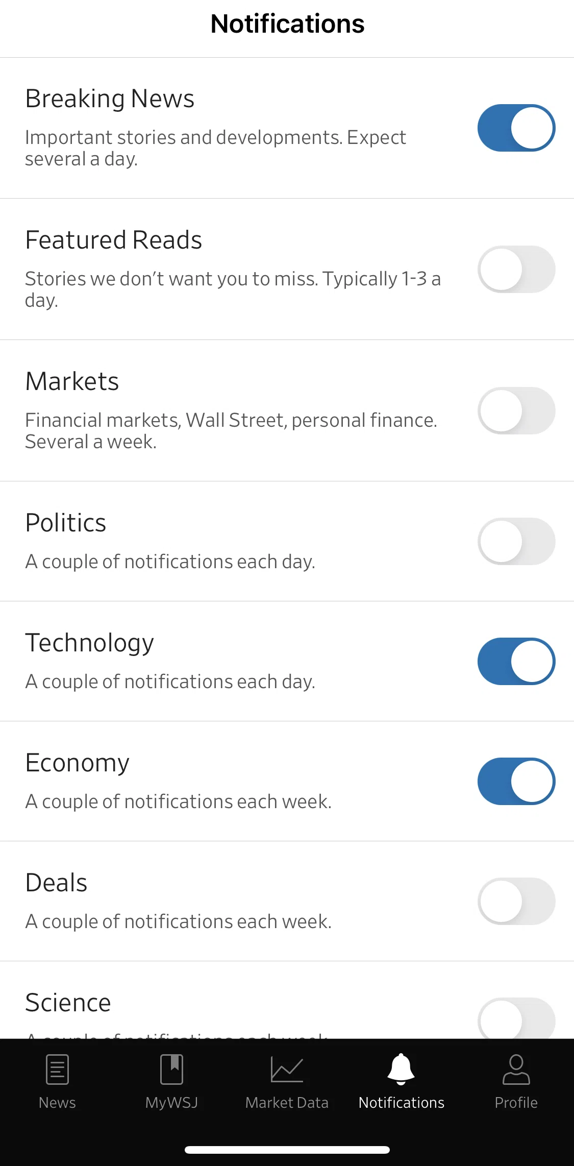 The Wall Street Journal Screen screen in the Notifications flow