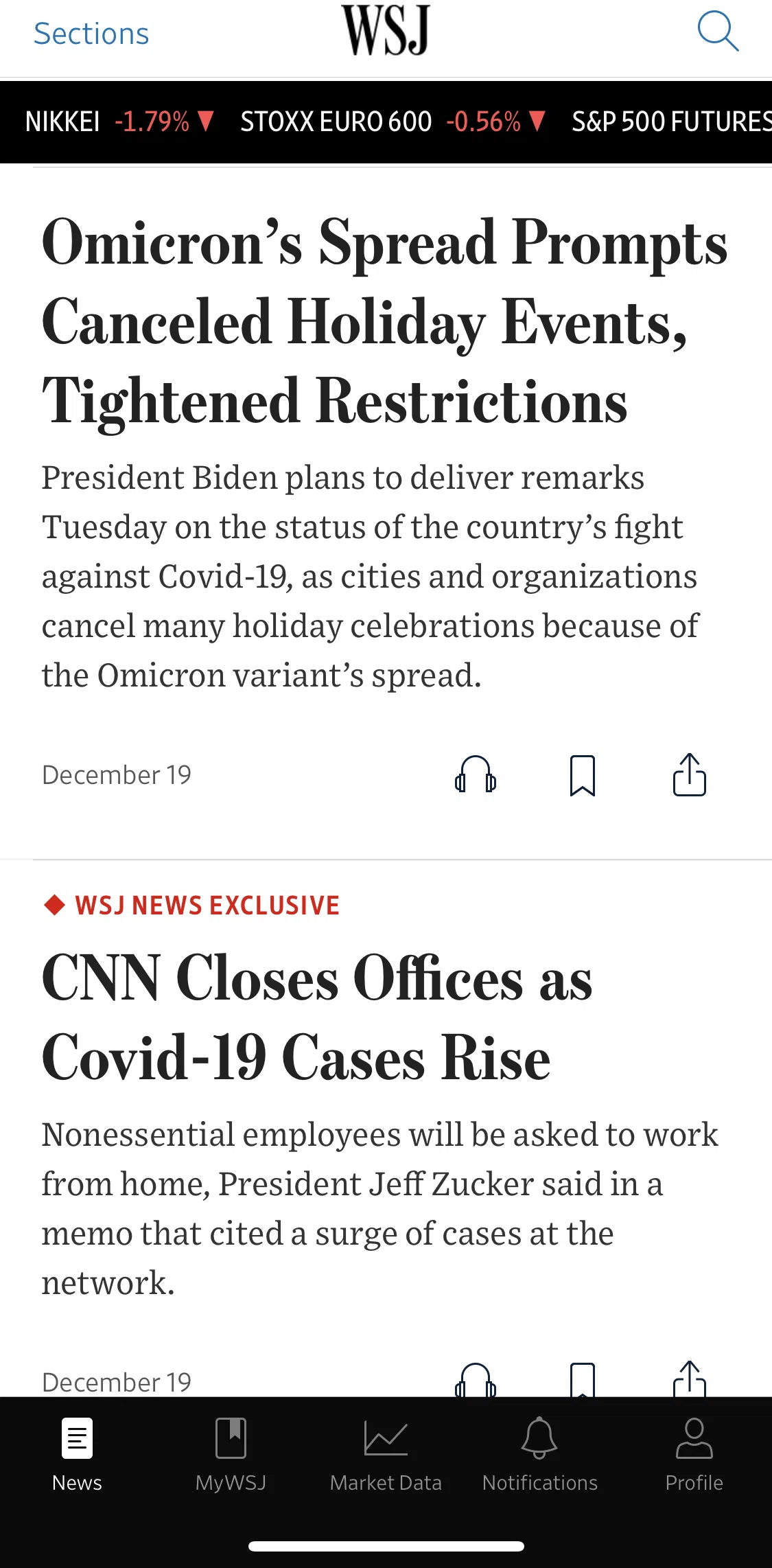 The Wall Street Journal Screen screen in the Sections flow