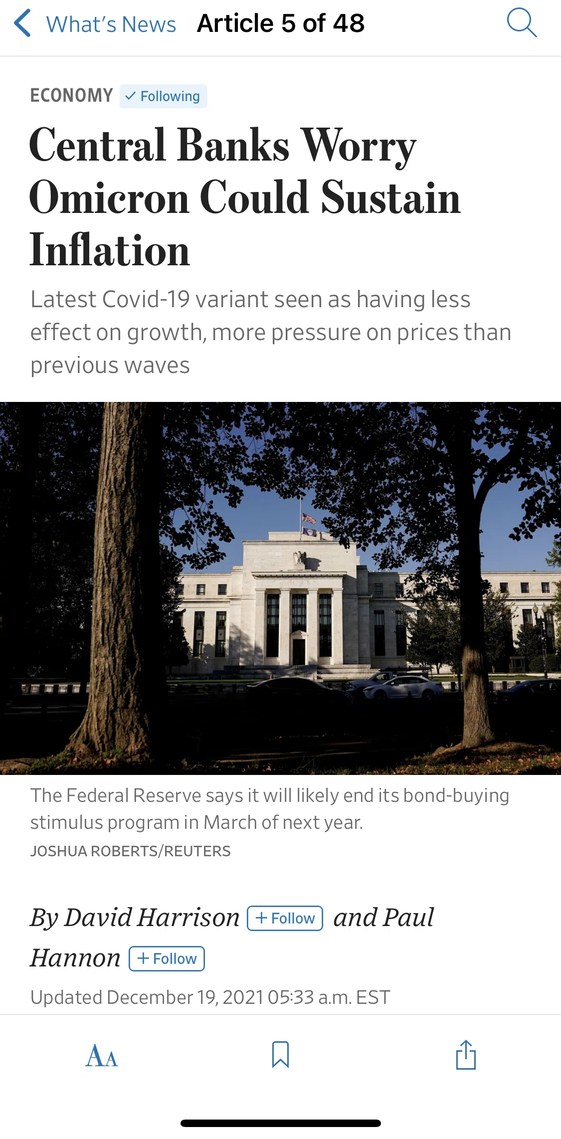 The Wall Street Journal Screen screen in the Sharing an article flow