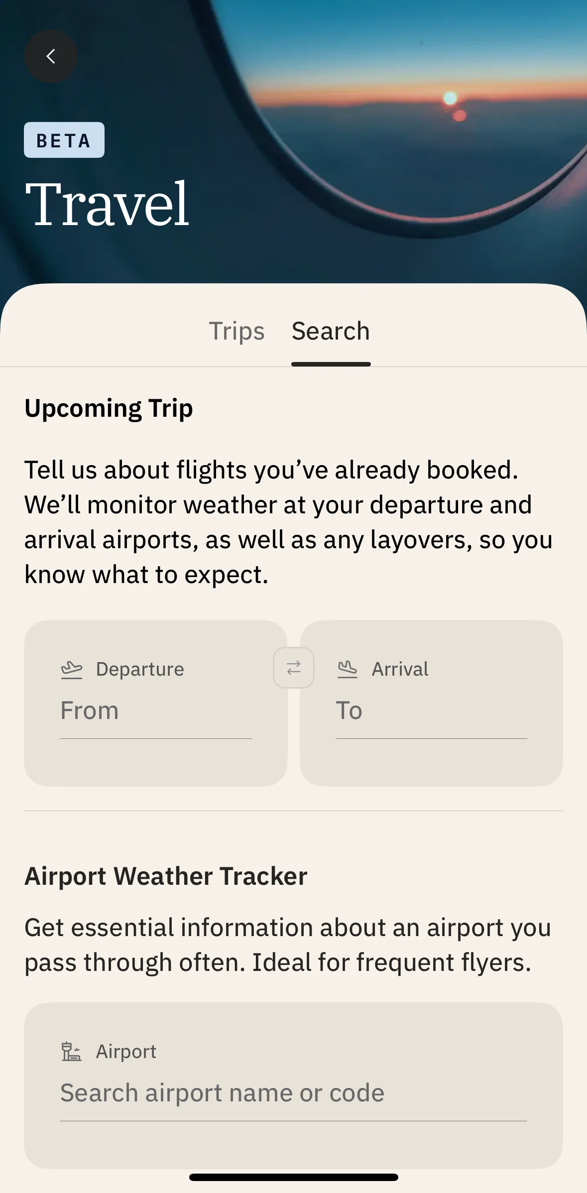 The Weather Channel Screen screen in the Adding a trip flow