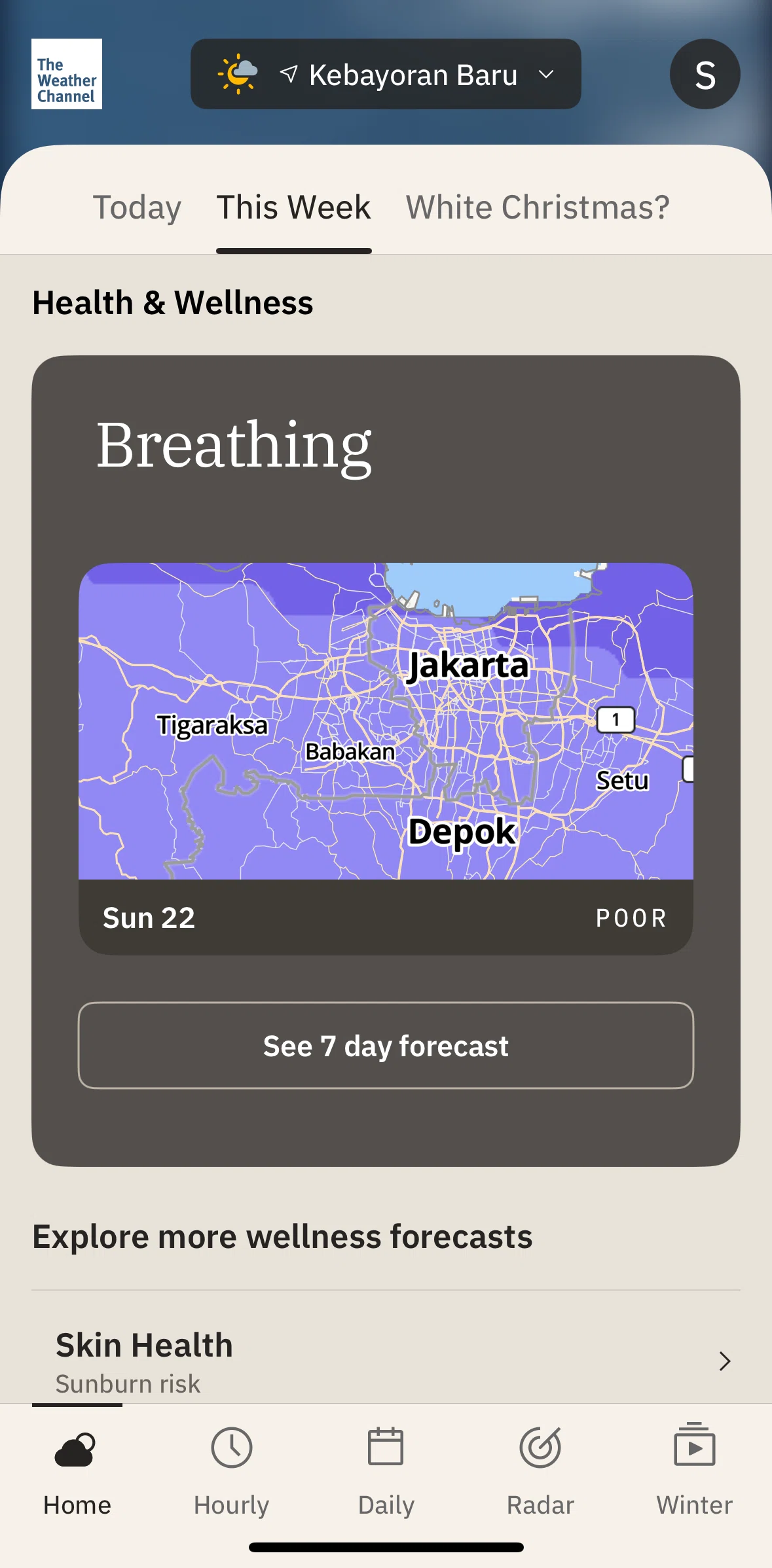 The Weather Channel Screen screen in the Browse health and wellness forecast flow