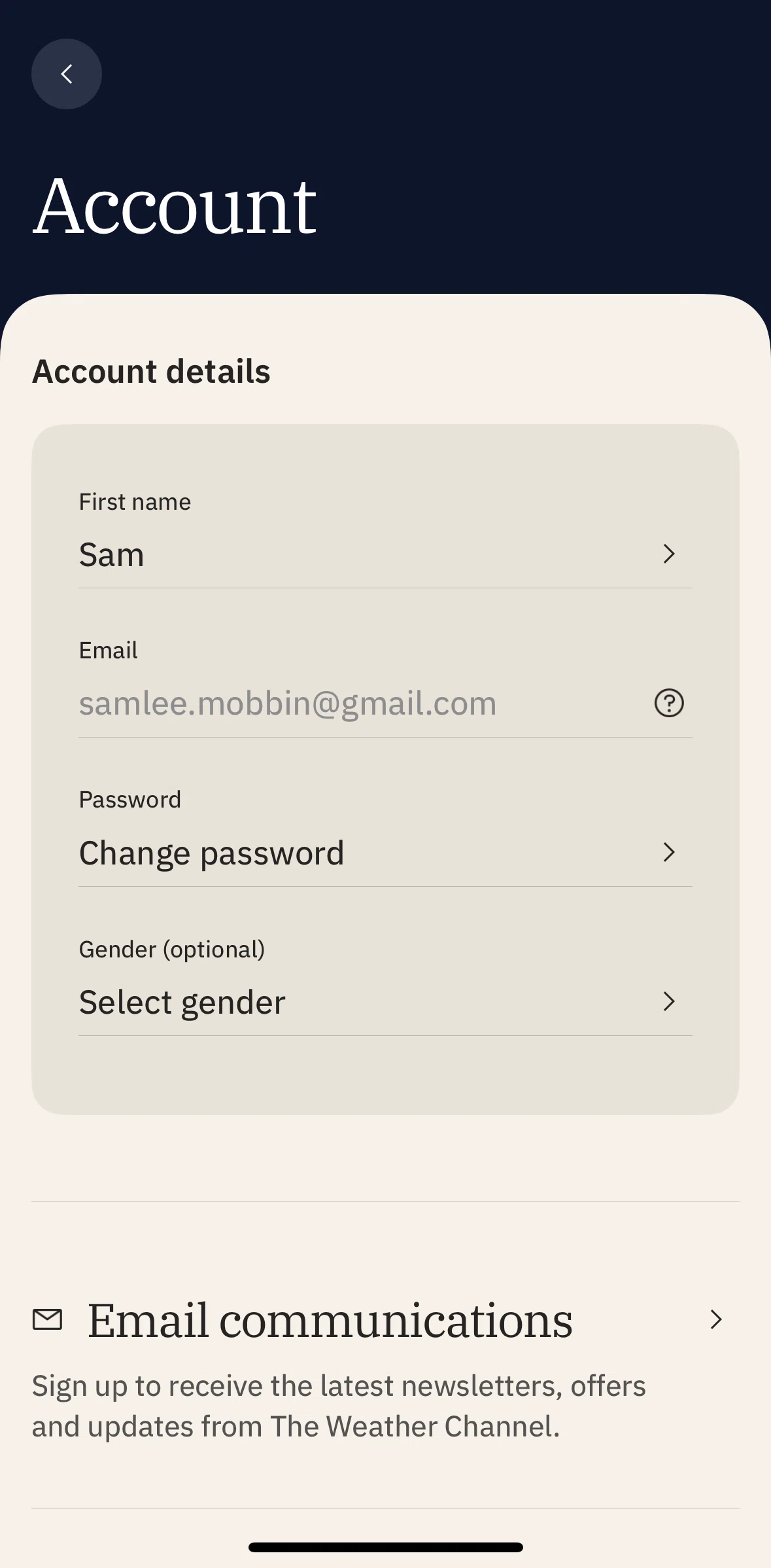 The Weather Channel Screen screen in the Changing password flow