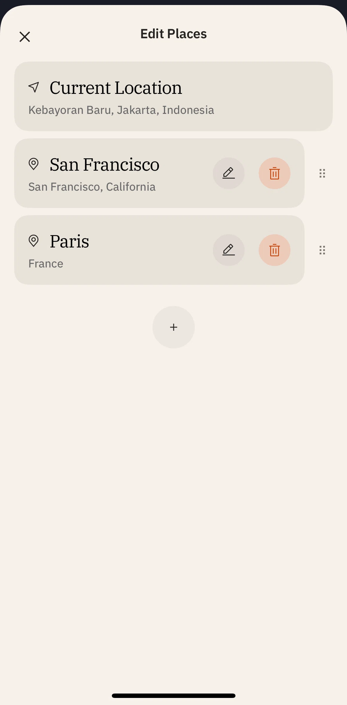 The Weather Channel Screen screen in the Deleting a place flow