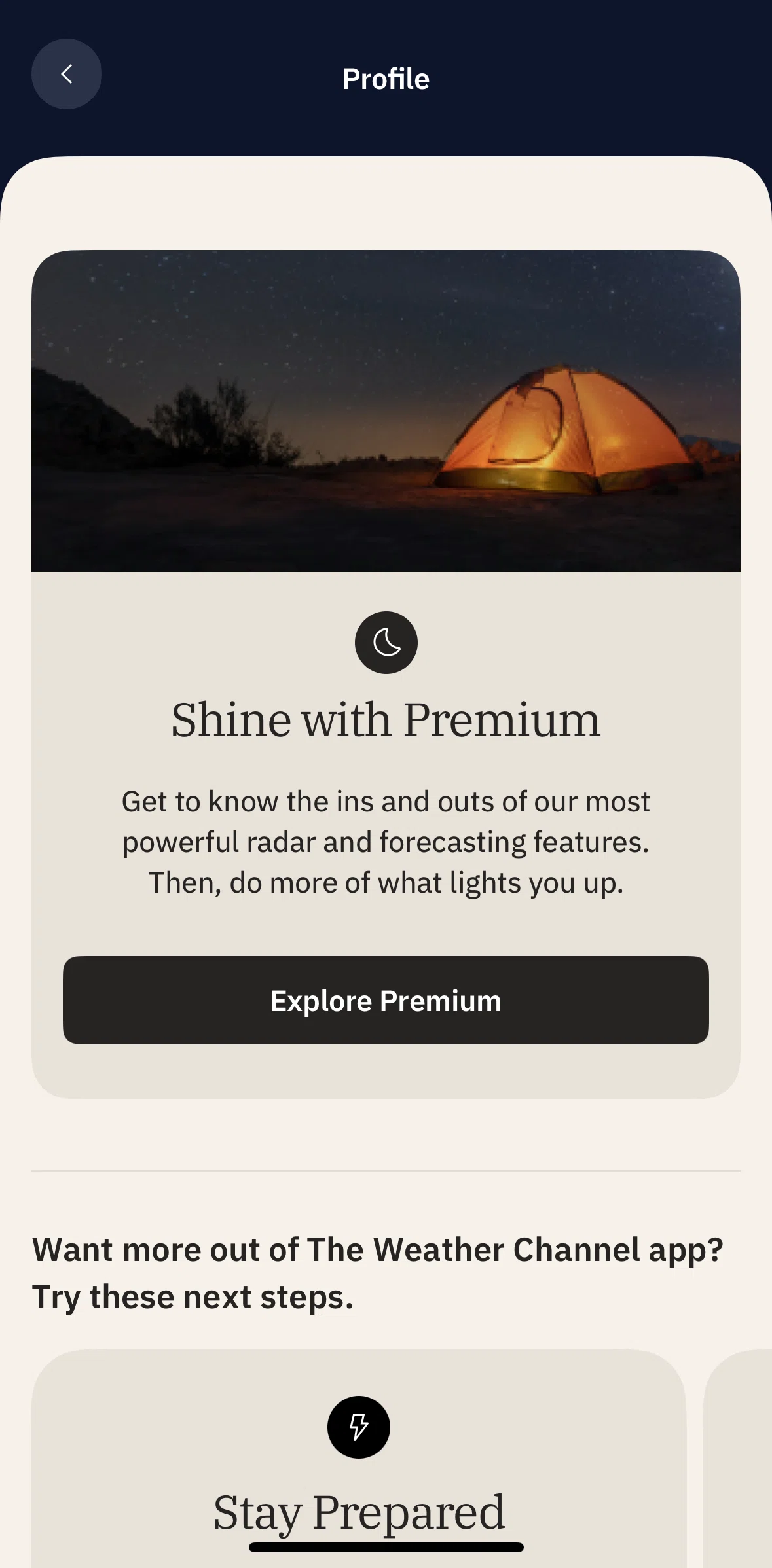 The Weather Channel Screen screen in the Explore Premium flow