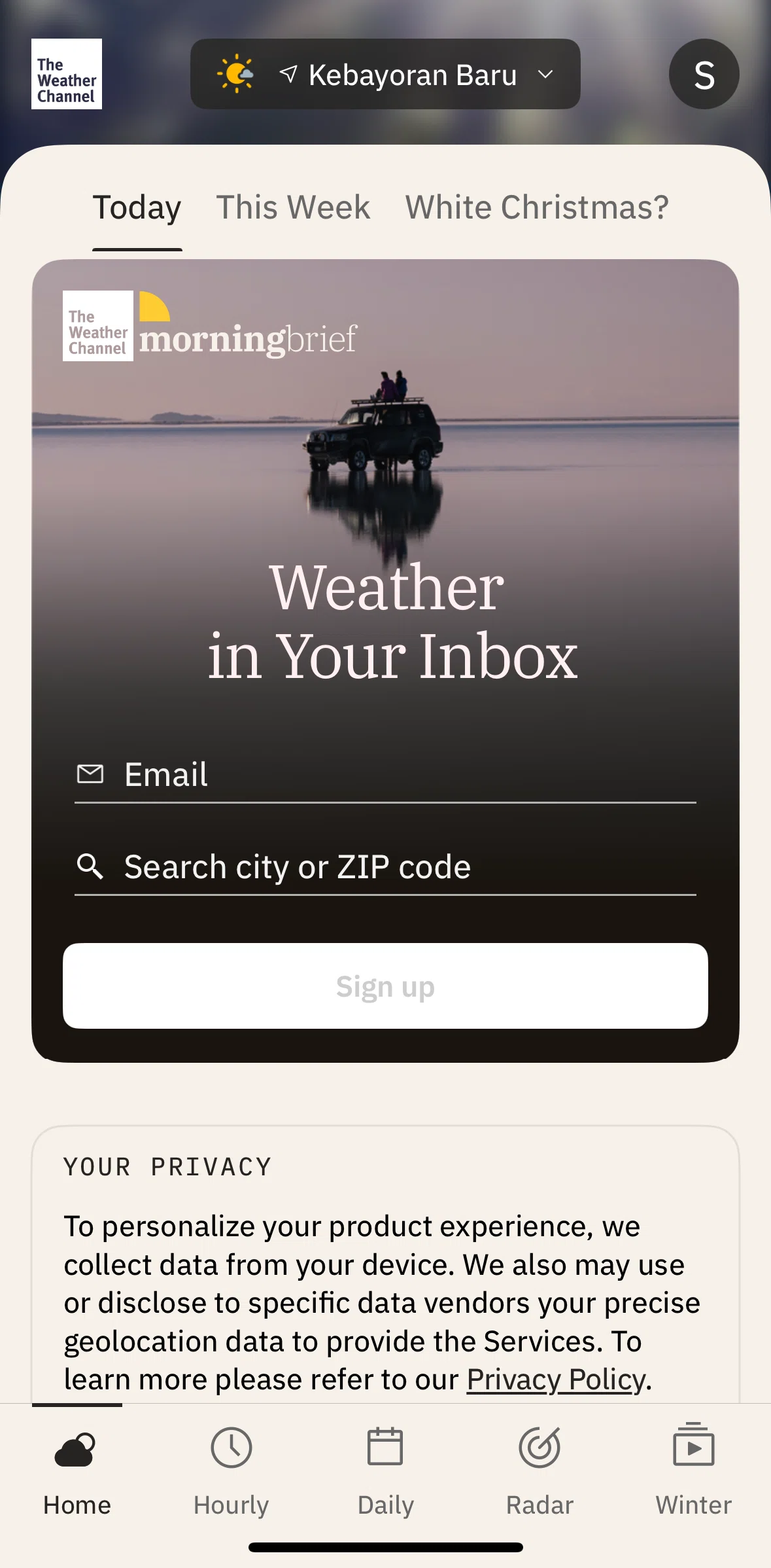 The Weather Channel Screen screen in the Subscribing to Morning Brief flow