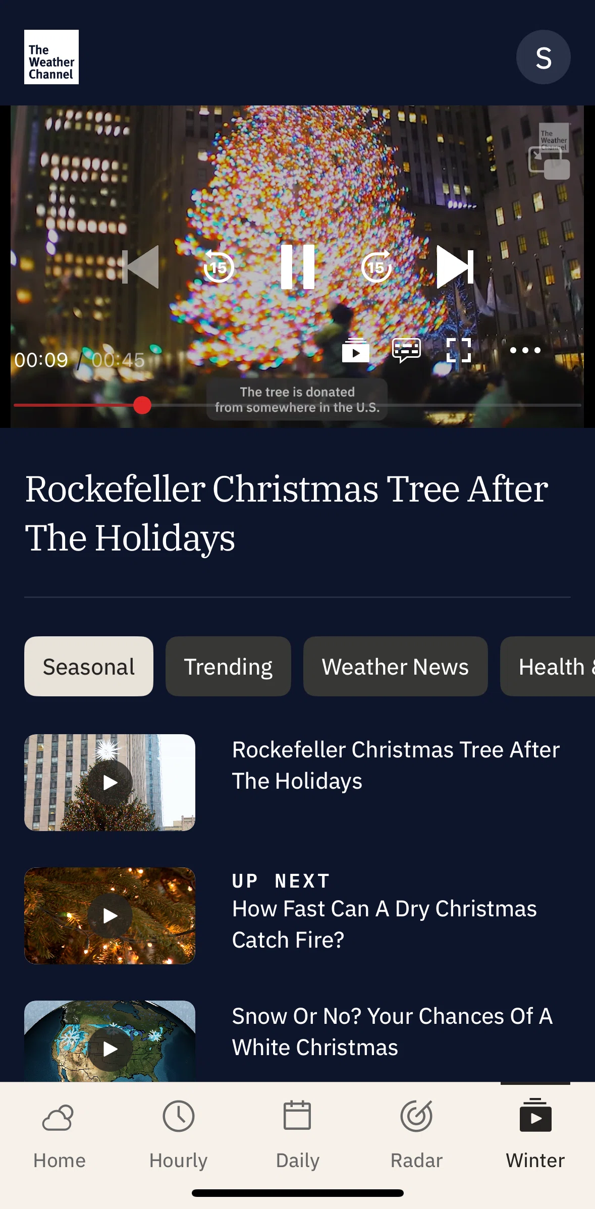 The Weather Channel Screen screen in the View video playlist flow
