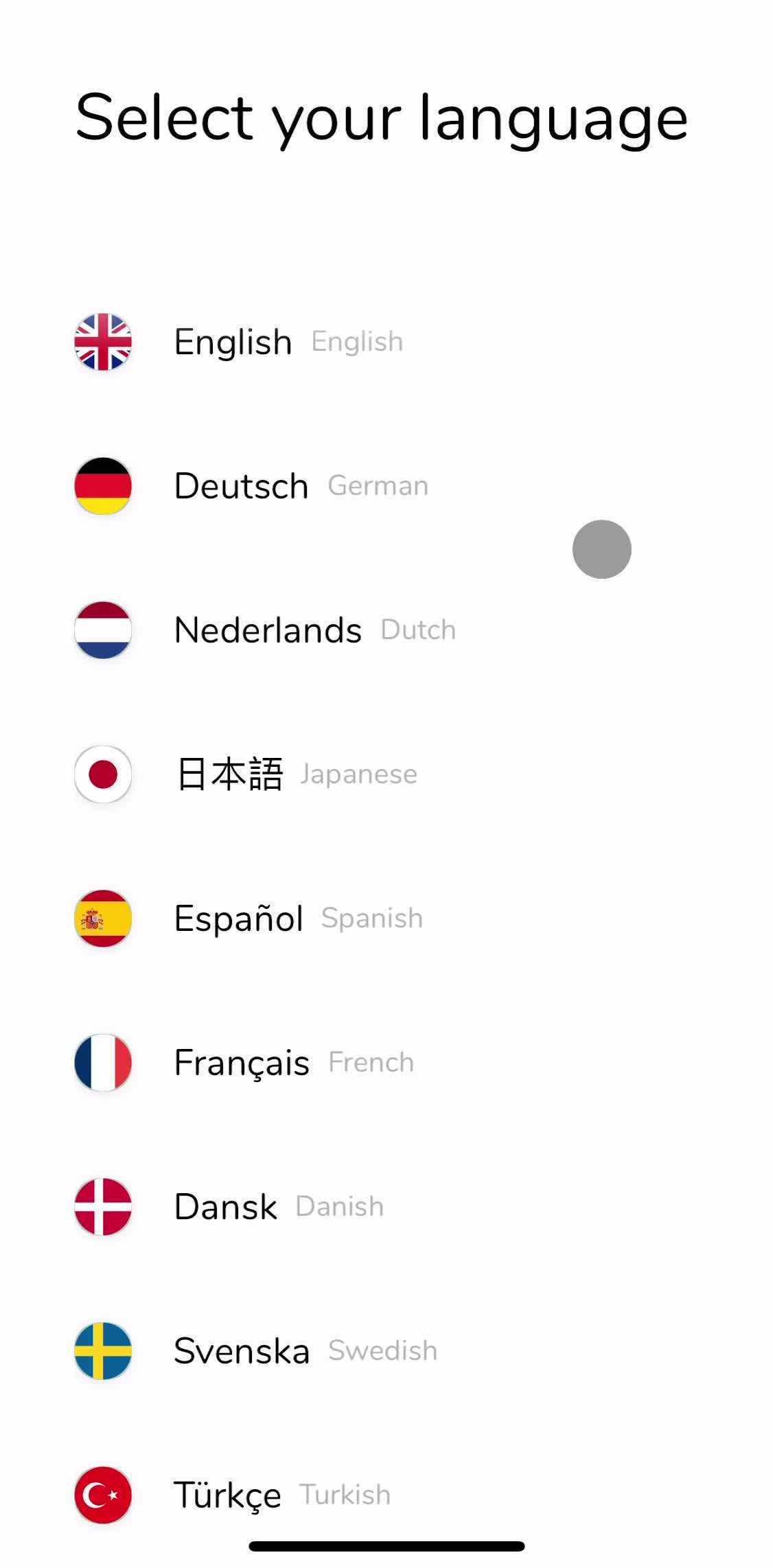 The Wonder Weeks Select language screen in the Onboarding flow