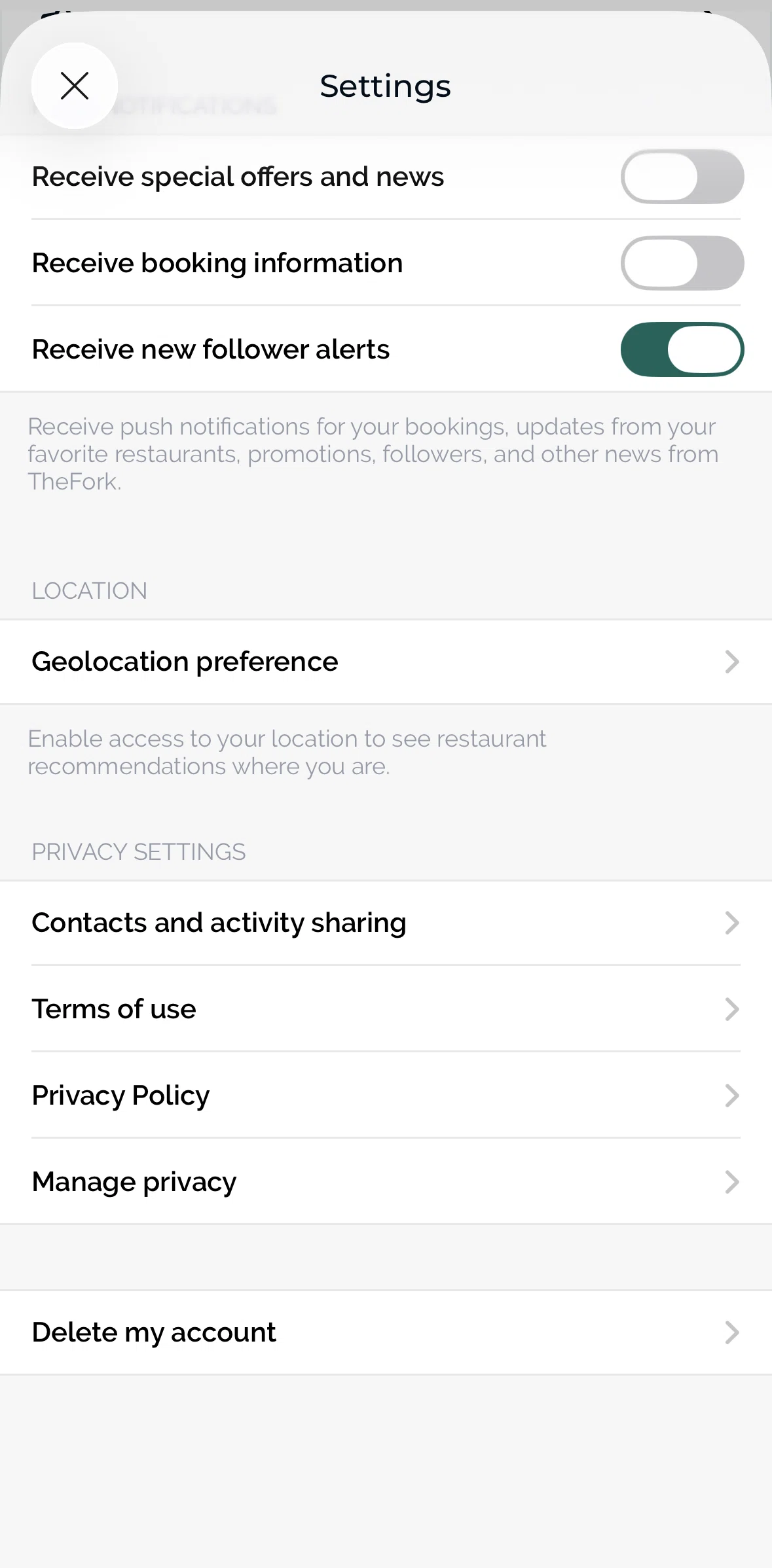 TheFork Screen screen in the Deleting account flow