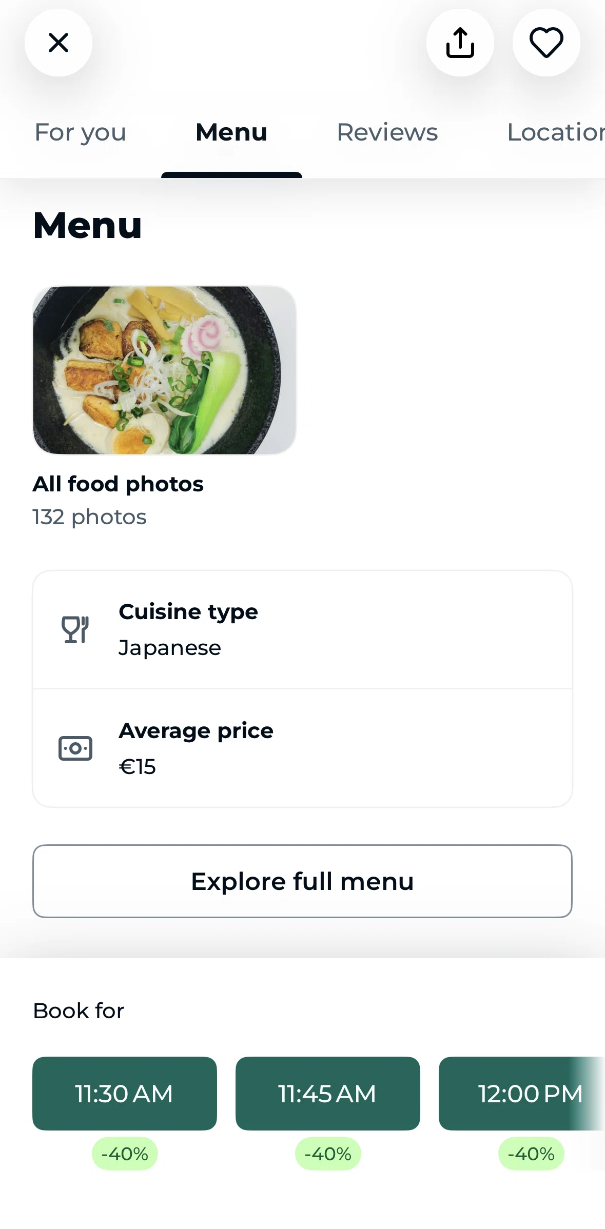 TheFork Screen screen in the Menu flow