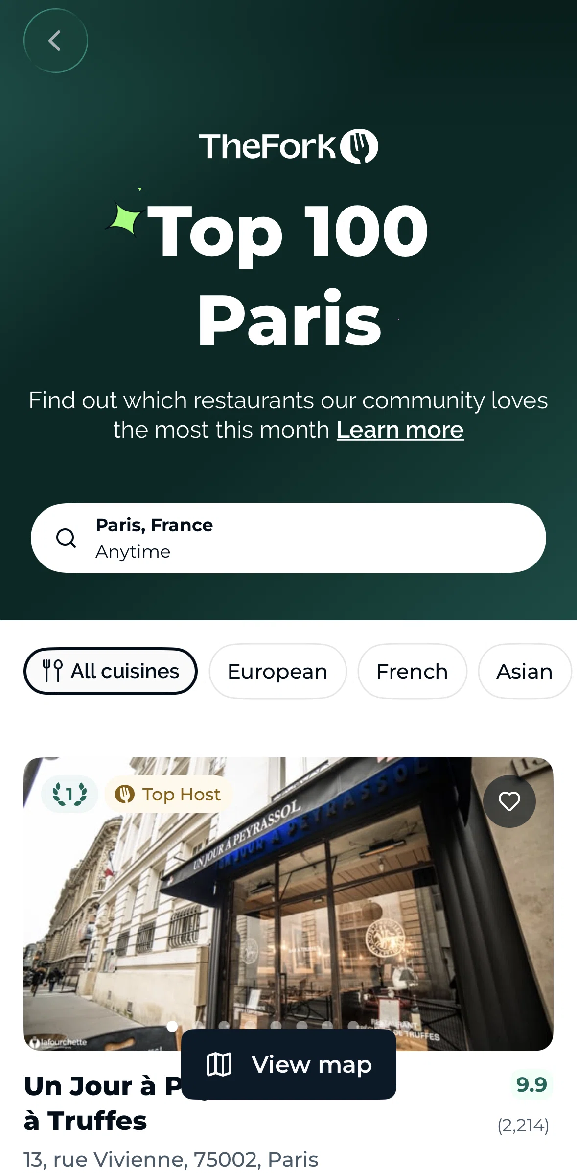 TheFork Screen screen in the Switching to map view (top restaurant detail) flow