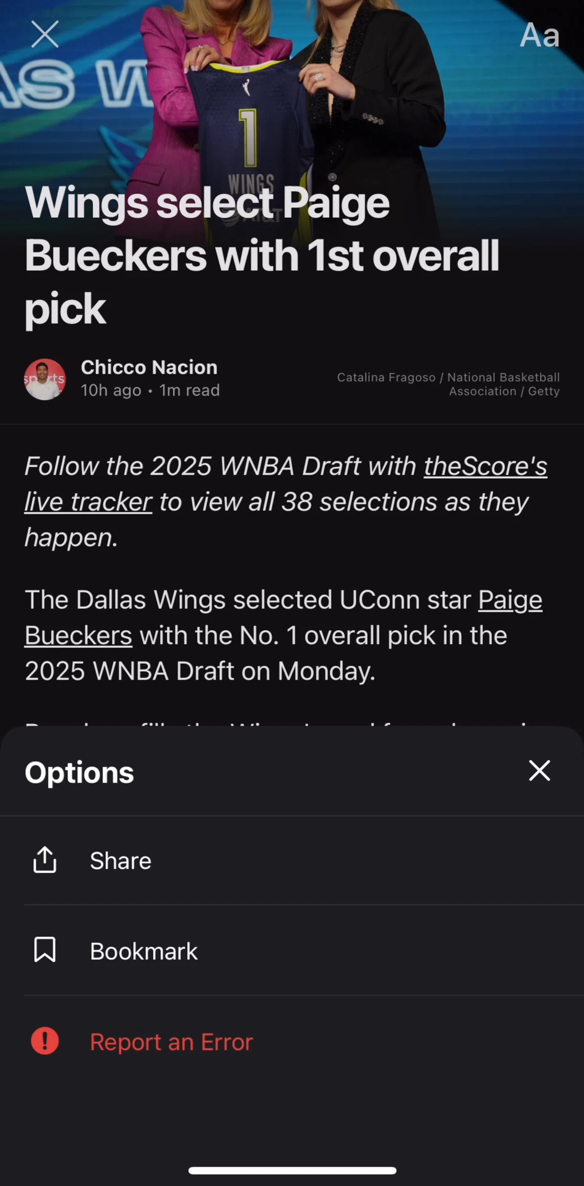 theScore Screen screen in the Adding a news to bookmark flow