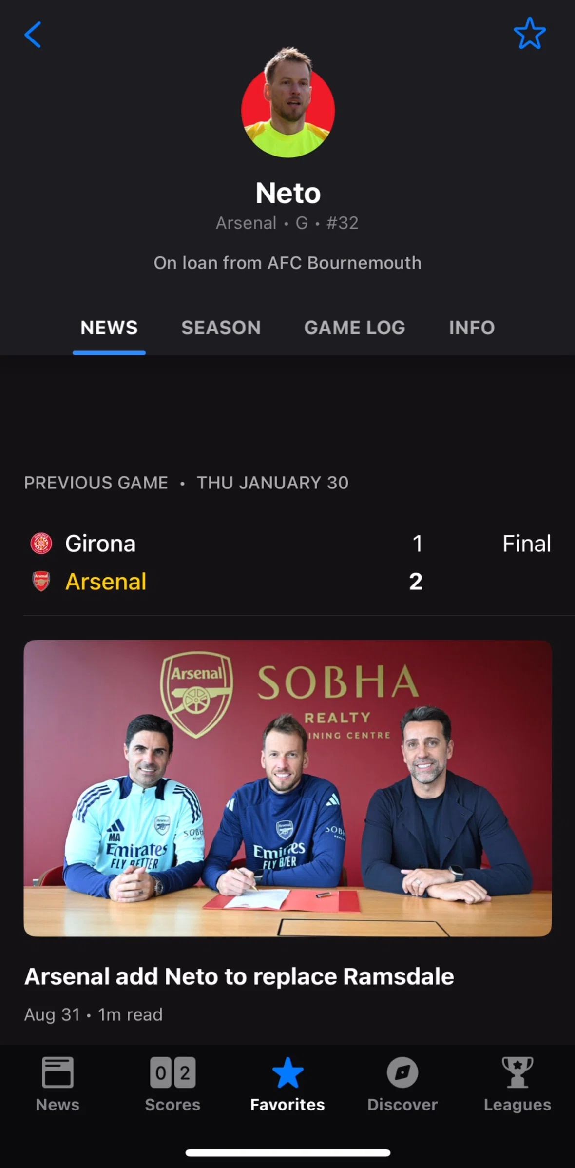 theScore Screen screen in the Adding a player to favorites flow