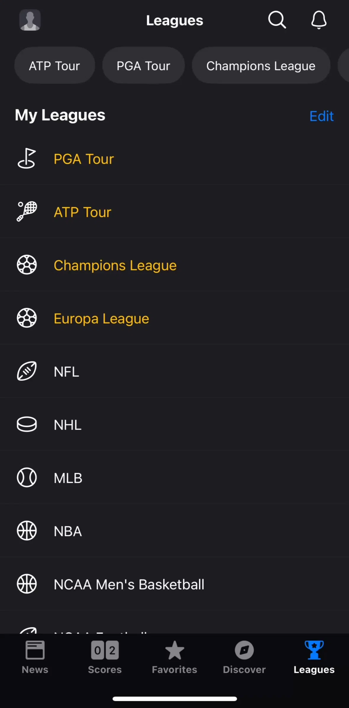 theScore Screen screen in the Reordering leagues flow