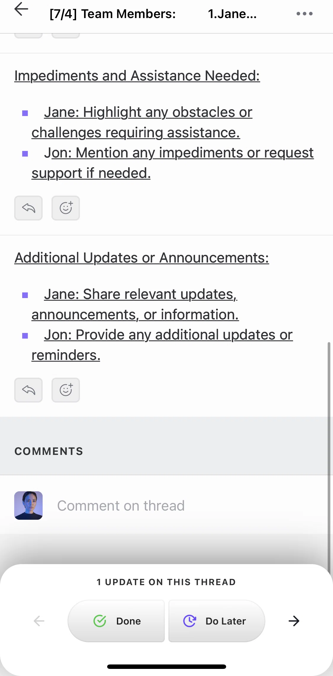 Threads Screen screen in the Commenting on a thread flow