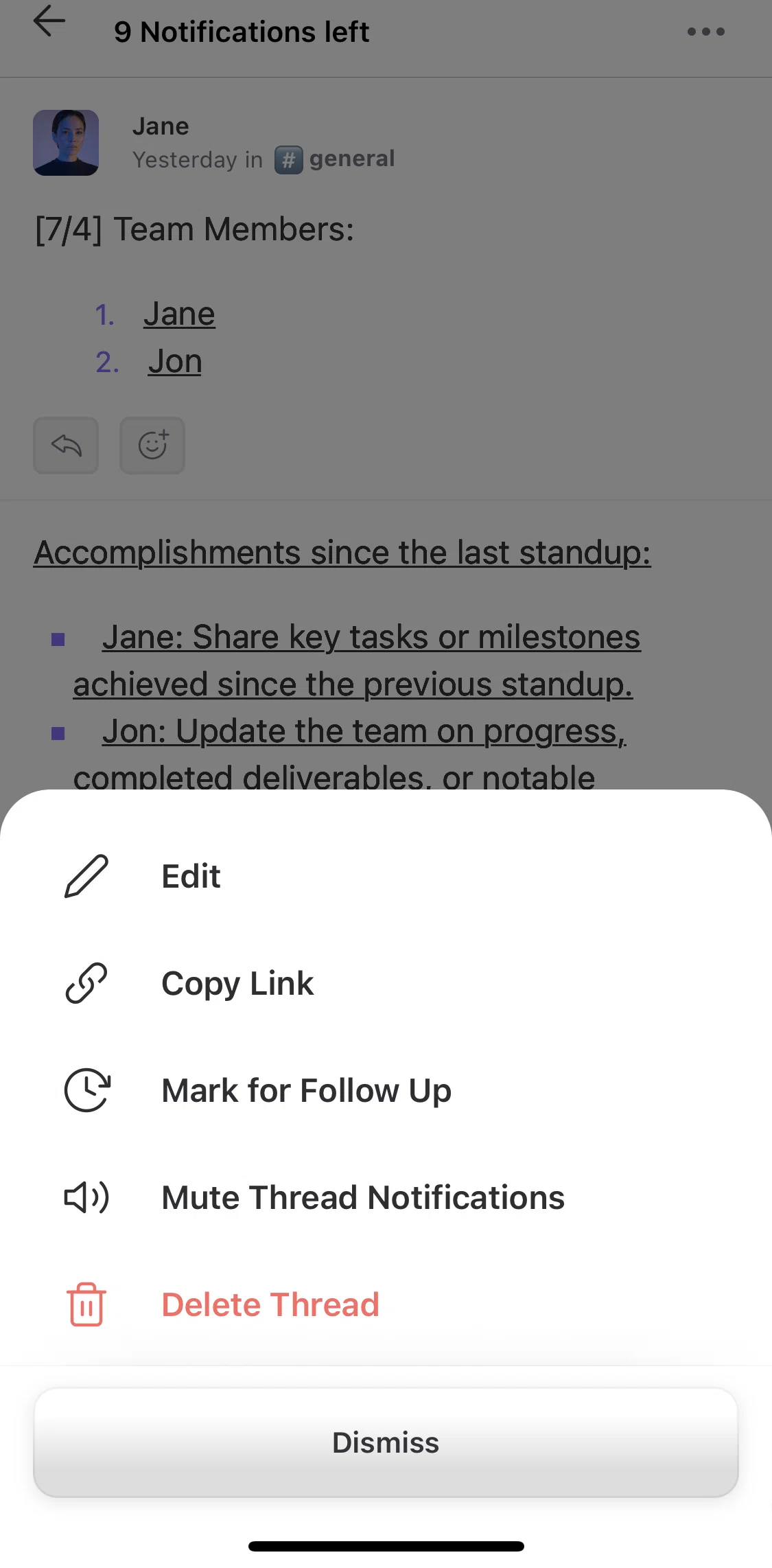 Threads Screen screen in the Copying a thread link flow