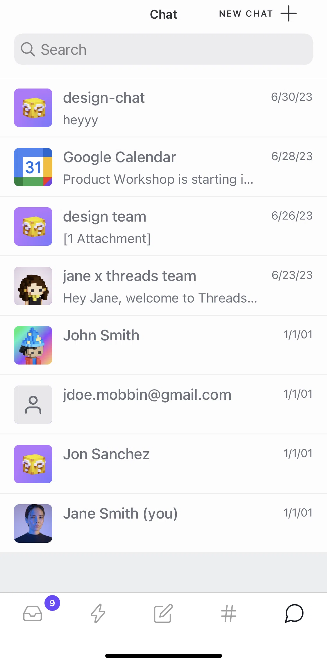 Threads Screen screen in the Creating a new chat flow