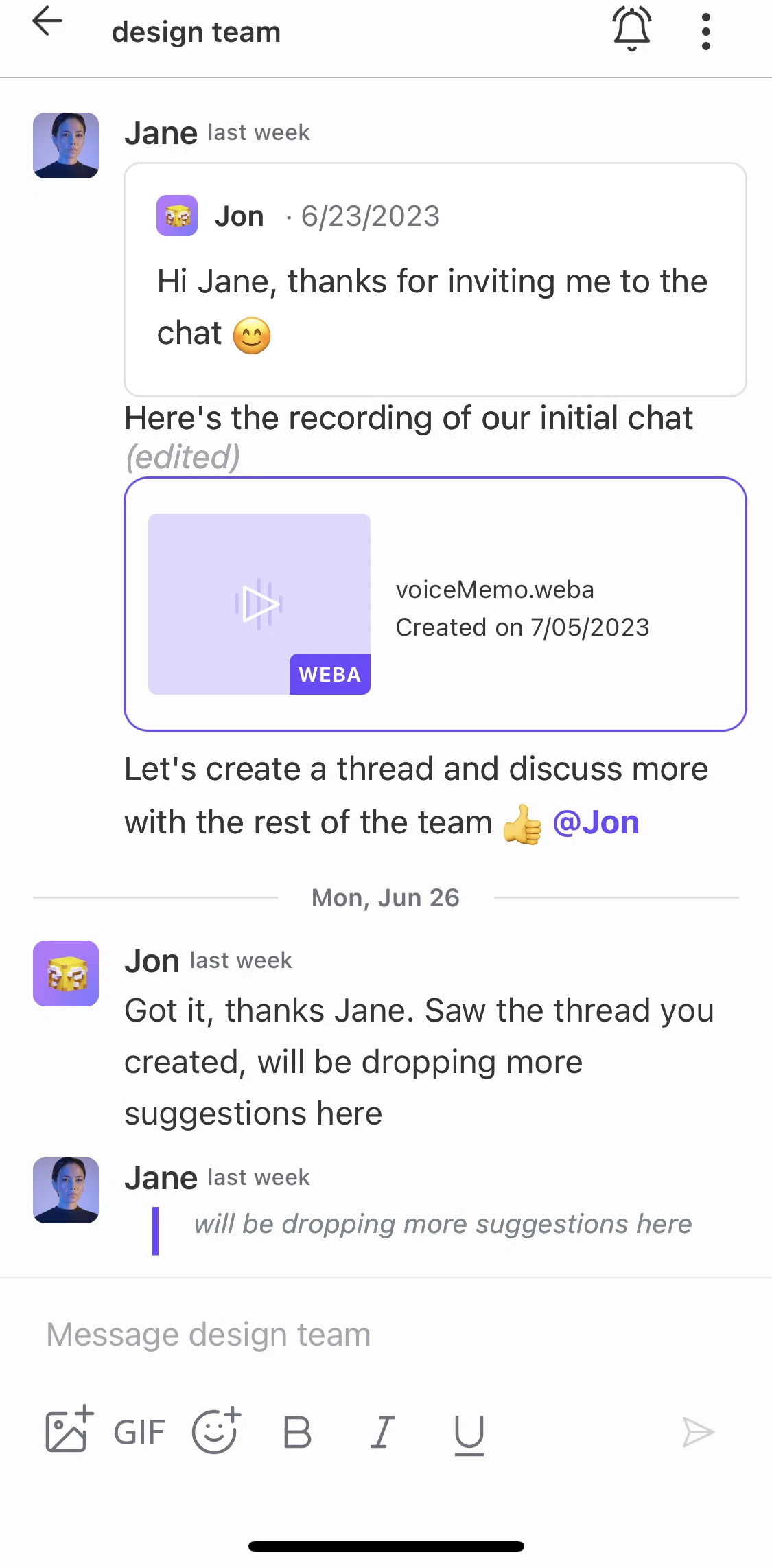 Threads Screen screen in the Downloading an audio note flow