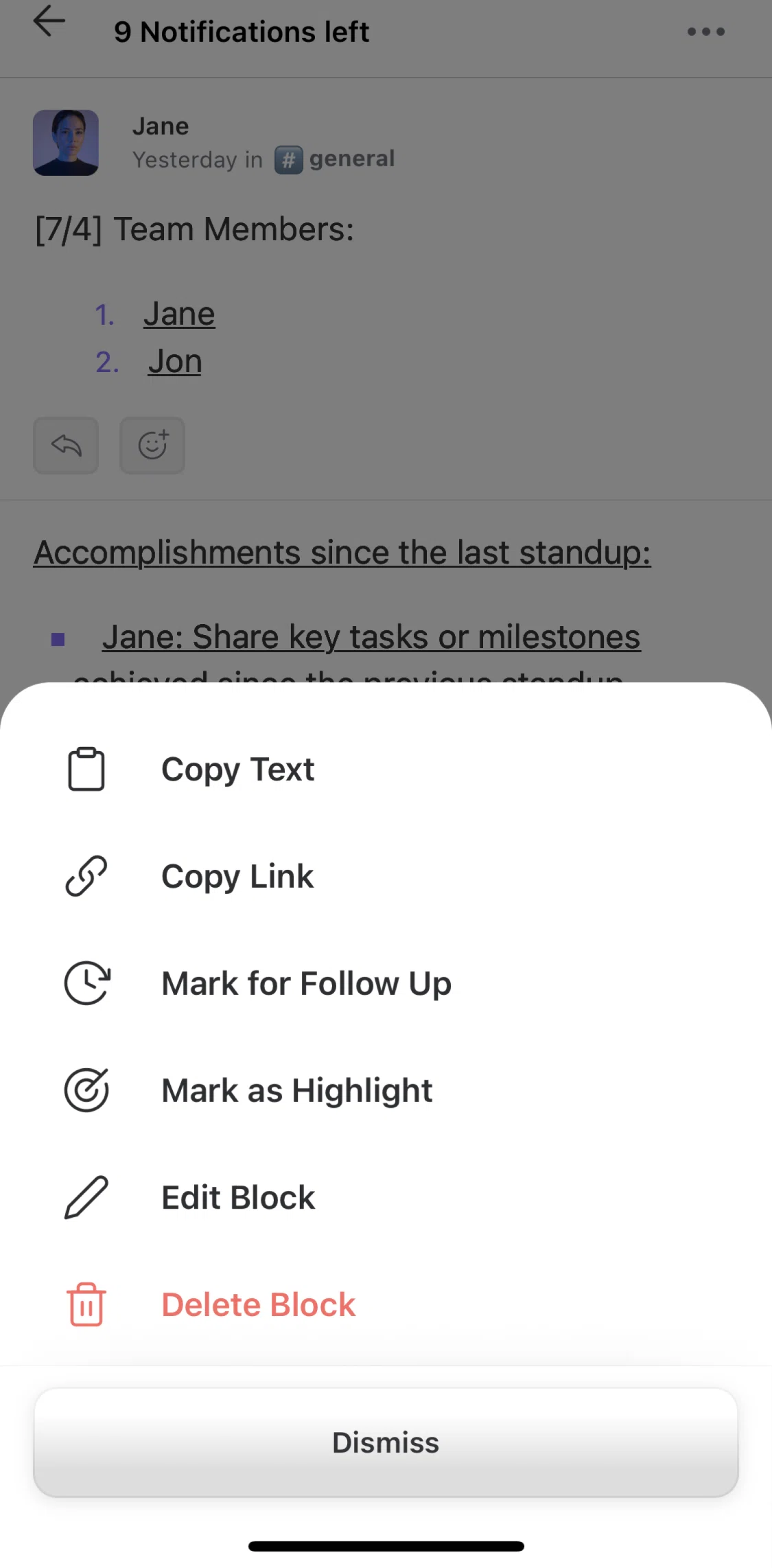 Threads Screen screen in the Editing a block flow