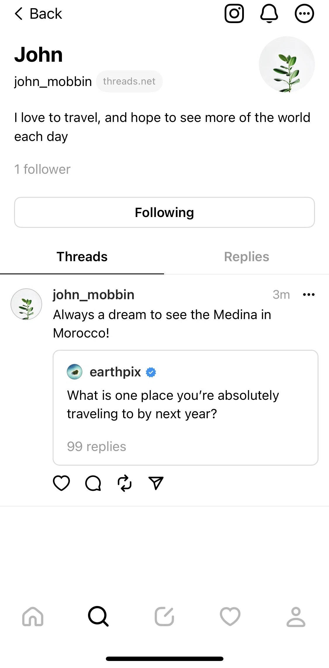 Threads Screen screen in the Action options (user profile) flow