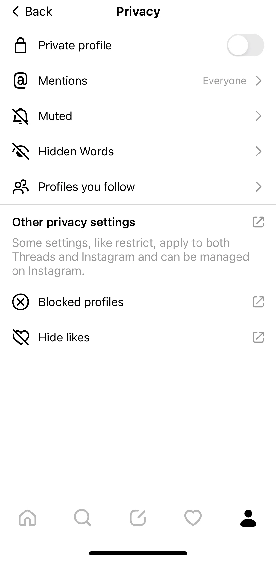 Threads Screen screen in the Switching to private profile flow