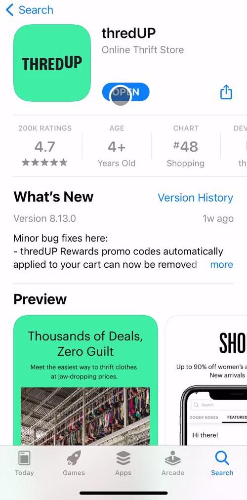 Thredup App store screen in the Onboarding flow