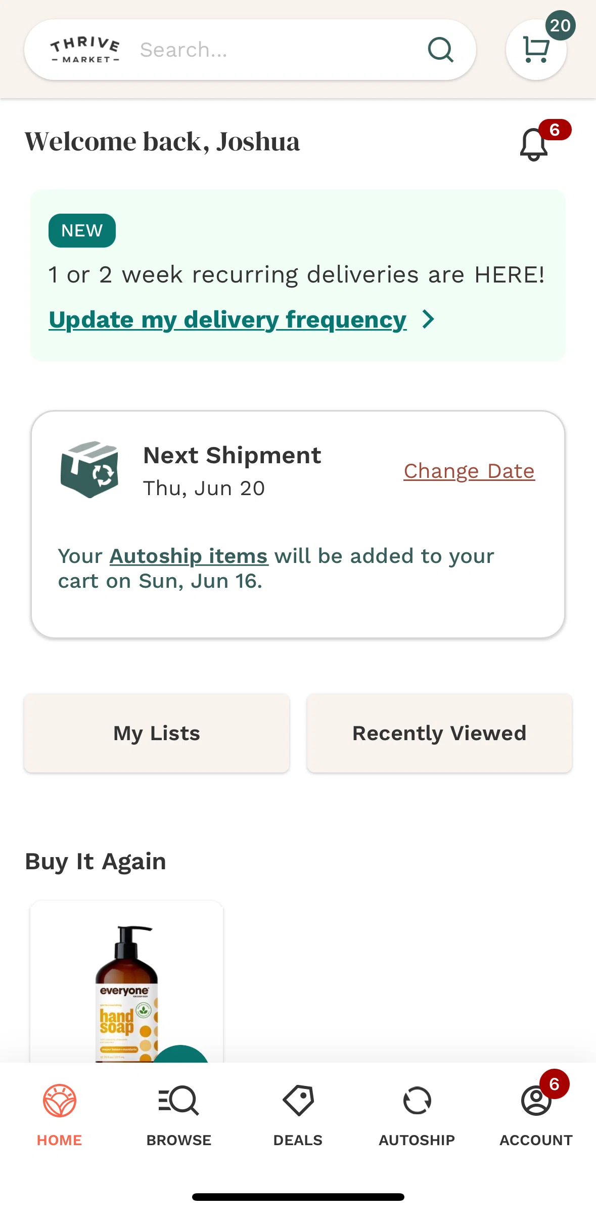 Thrive Market Screen screen in the Account flow
