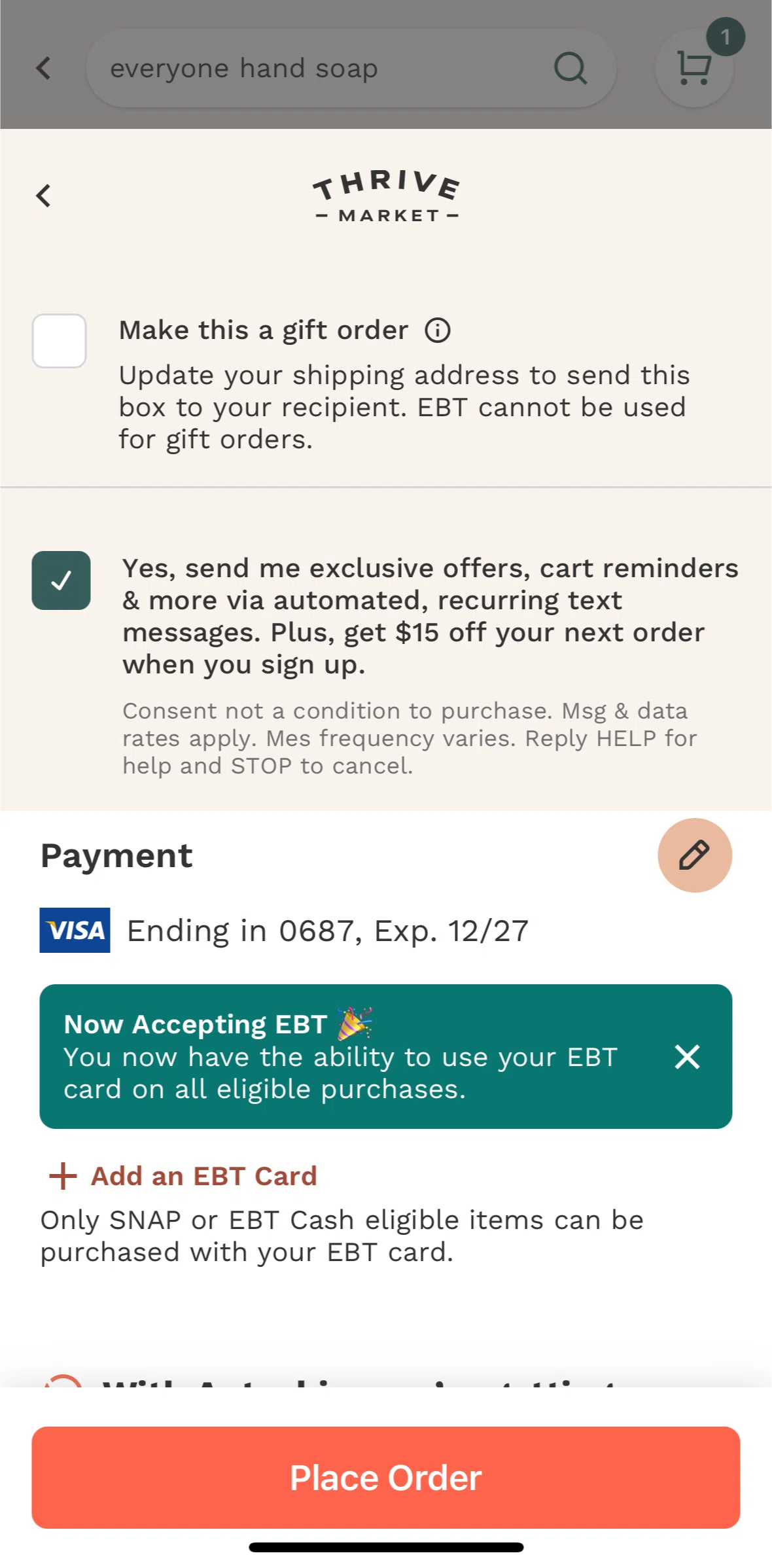 Thrive Market Screen screen in the Add an EBT card flow