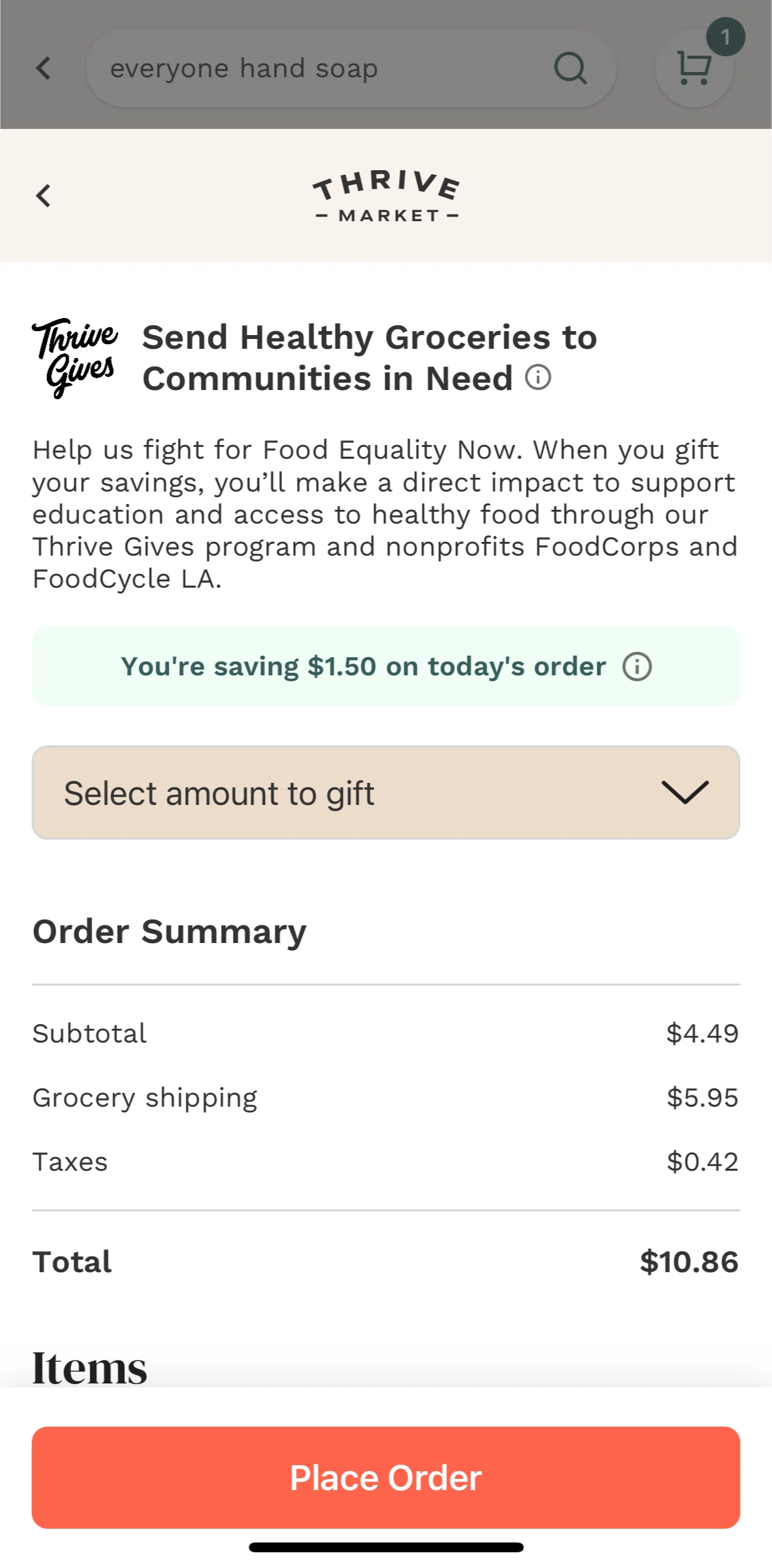Thrive Market Screen screen in the Adding a donation to order flow