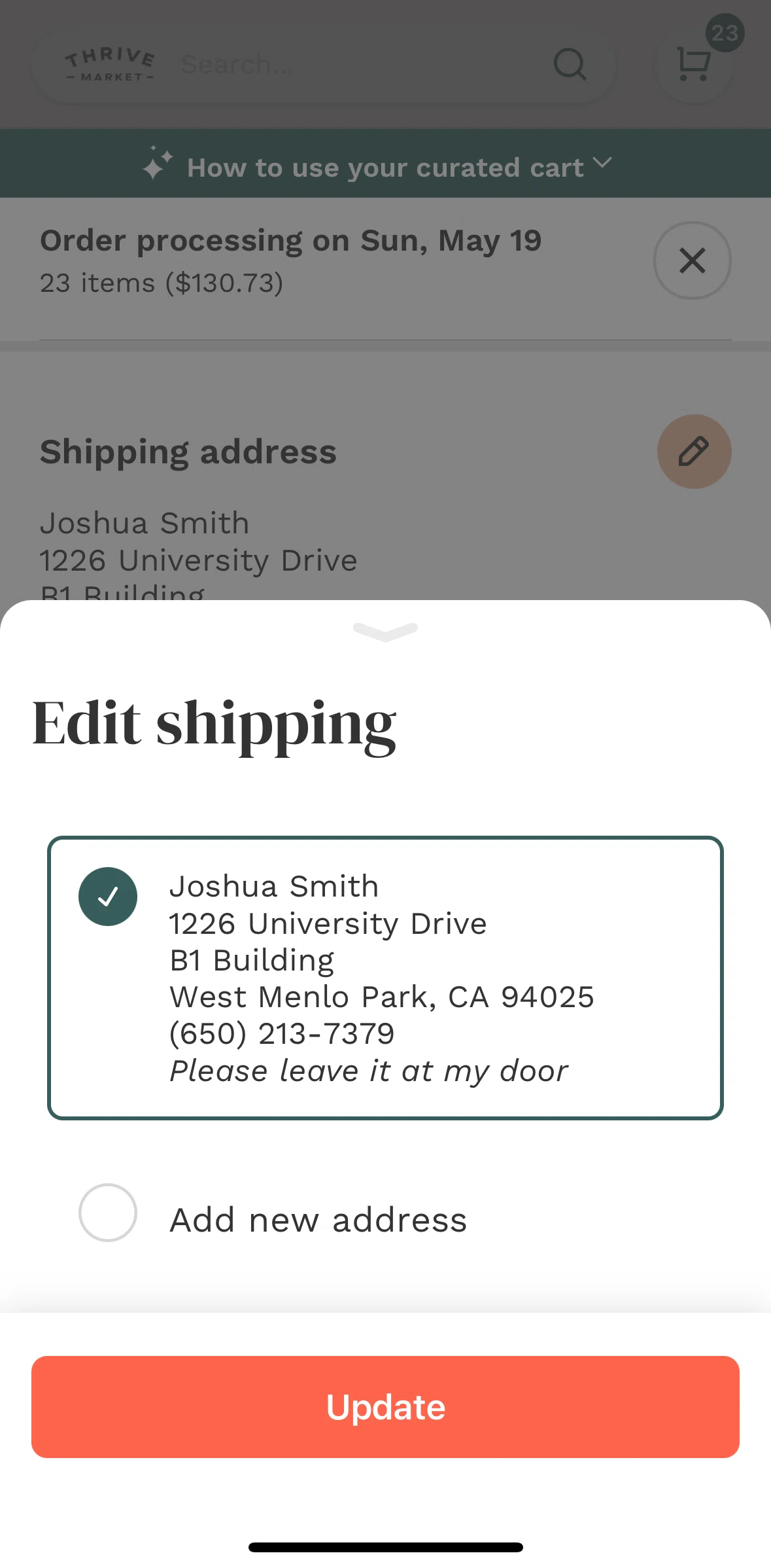 Thrive Market Screen screen in the Adding a new address flow